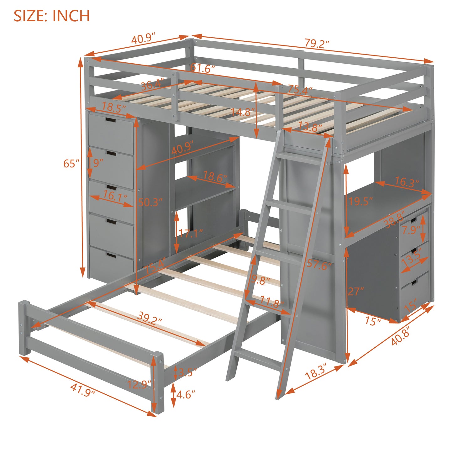 Twin Over Twin Gray Bunk Bed with LED Light, USB Ports, and Storage Space