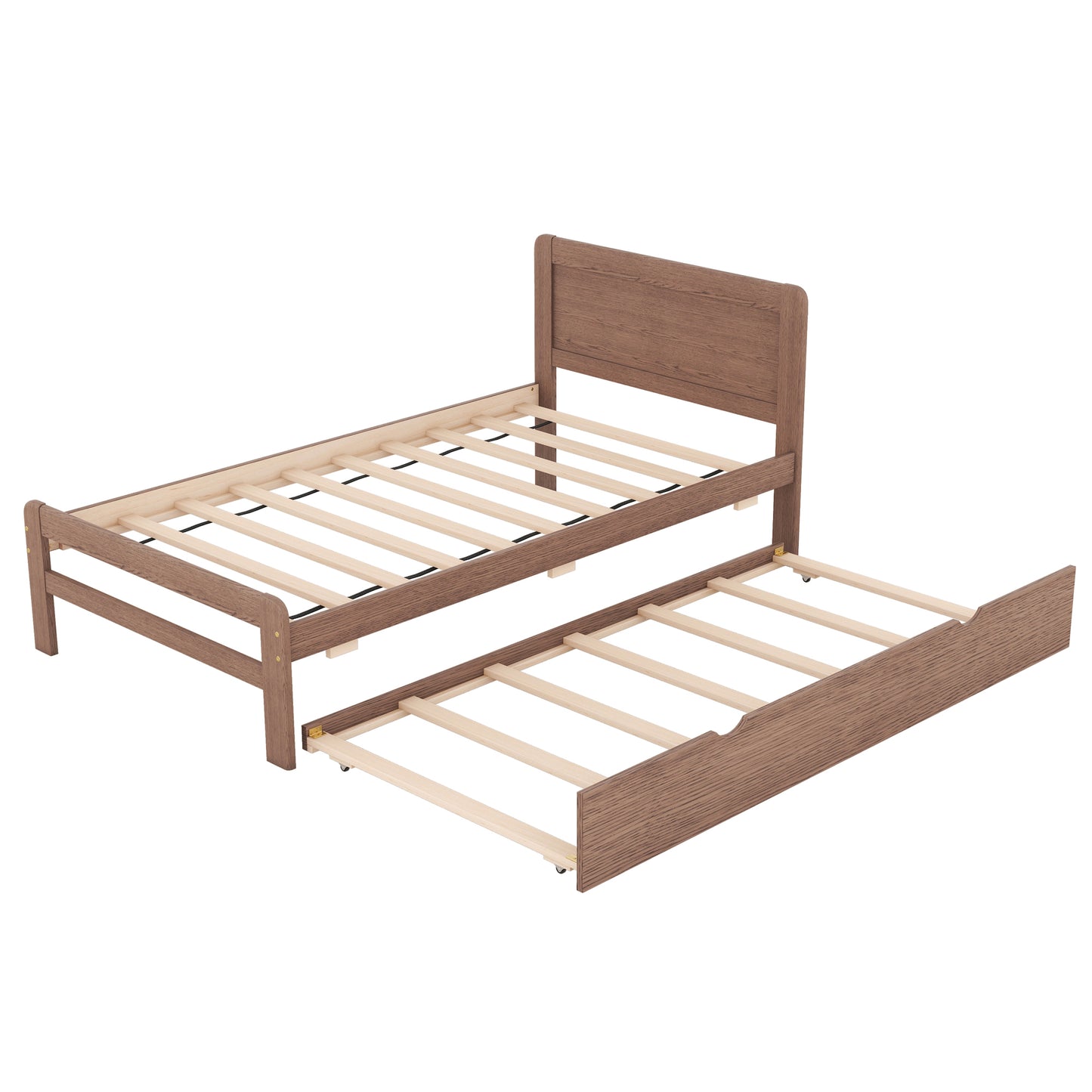 Modern Design Wooden Twin Size Platform Bed Frame with Trundle for Walnut Color