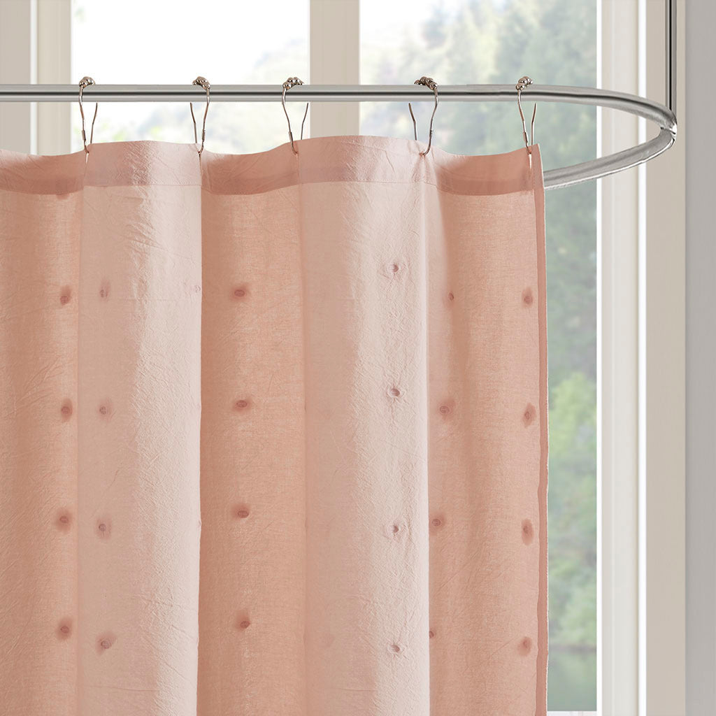 Soft Pink Pom Pom Jacquard Shower Curtain from Brooklyn Cotton