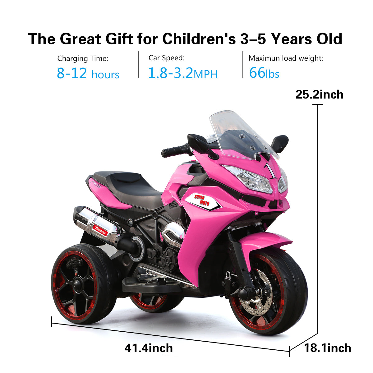 Girls Pink 12V Electric 3-Wheel Ride-On Motorcycle