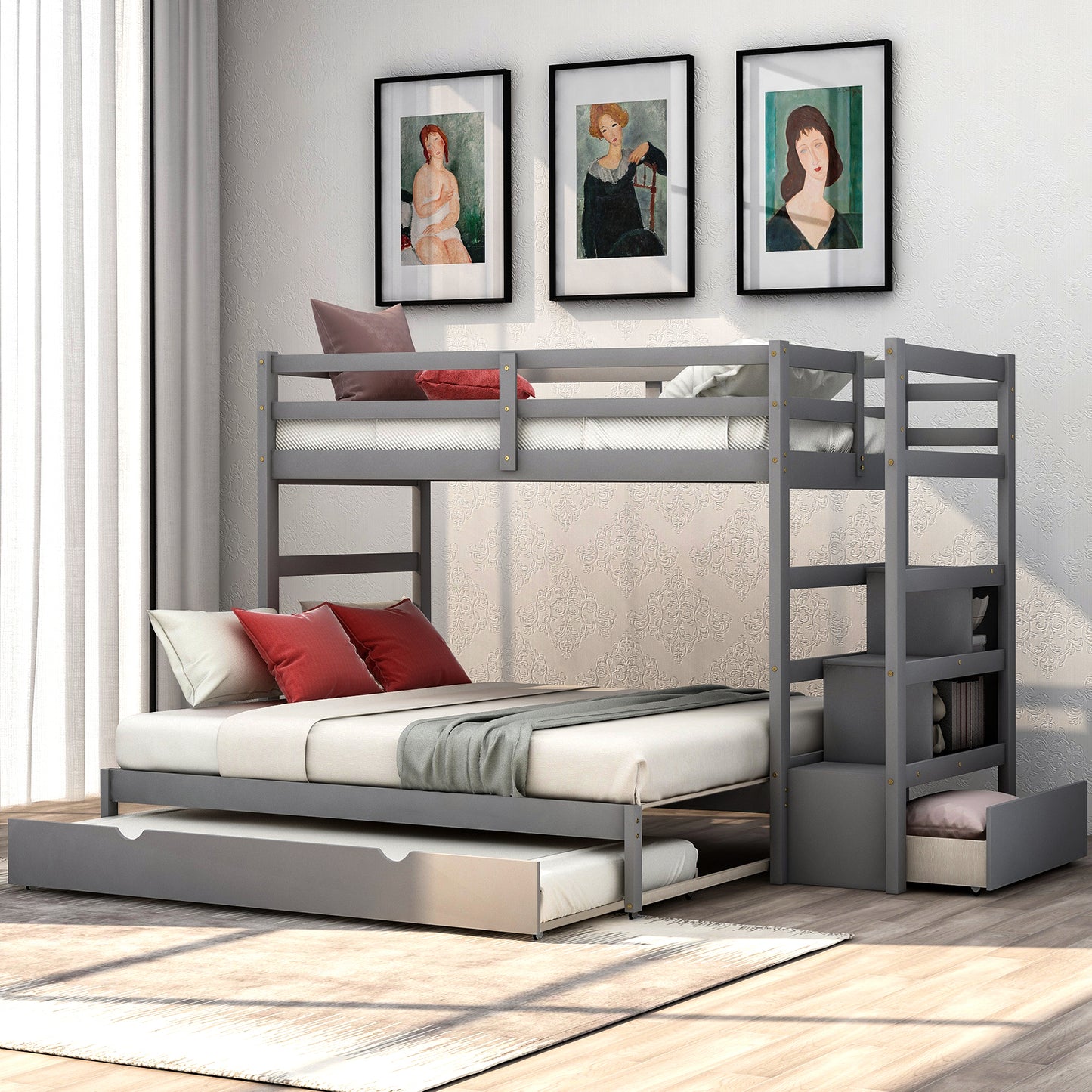 Gray Stairway Bunk Bed with Trundle and Storage