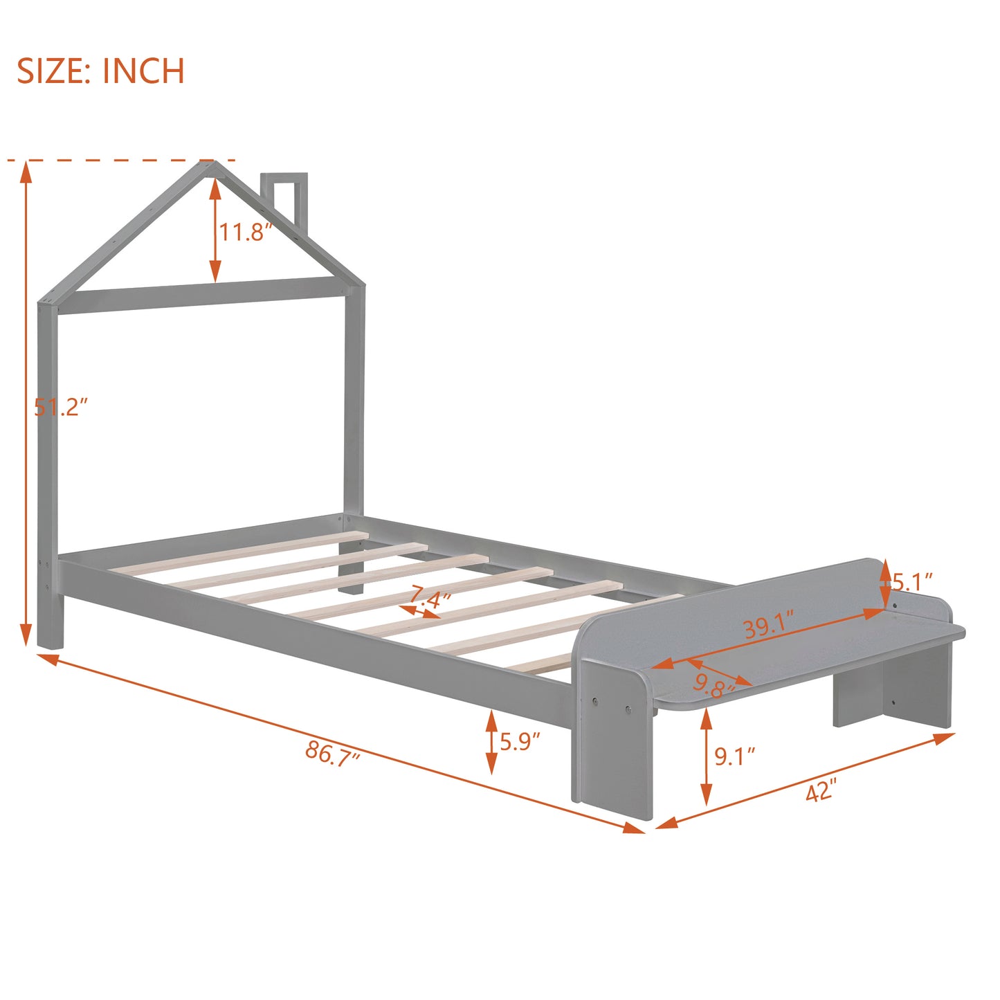 Twin Size Wood Platform Bed with House-shaped Headboard and Footboard Bench,Grey