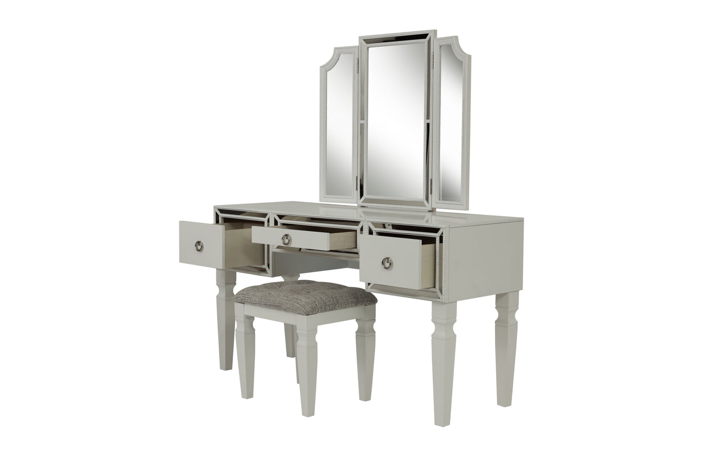 Luxurious Majestic Classic White Color Vanity Set w Stool 3-Storage Drawers 1pc Bedroom Furniture Set Tri-Fold Mirror