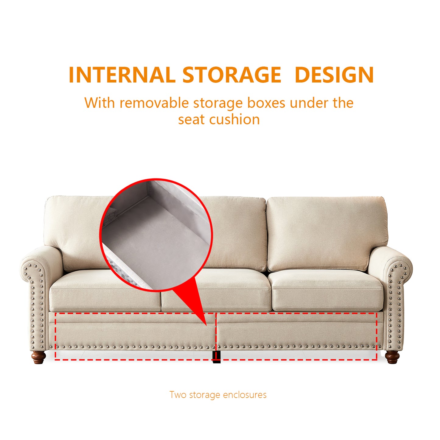 Linen Fabric Upholstery with Storage Sofa (Beige)