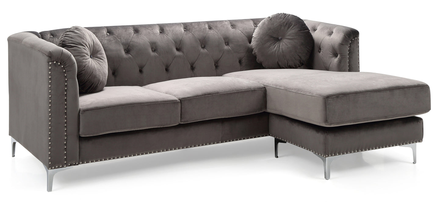 Elegant Dark Gray Velvet Sofa Chaise with Chromed Steel Legs