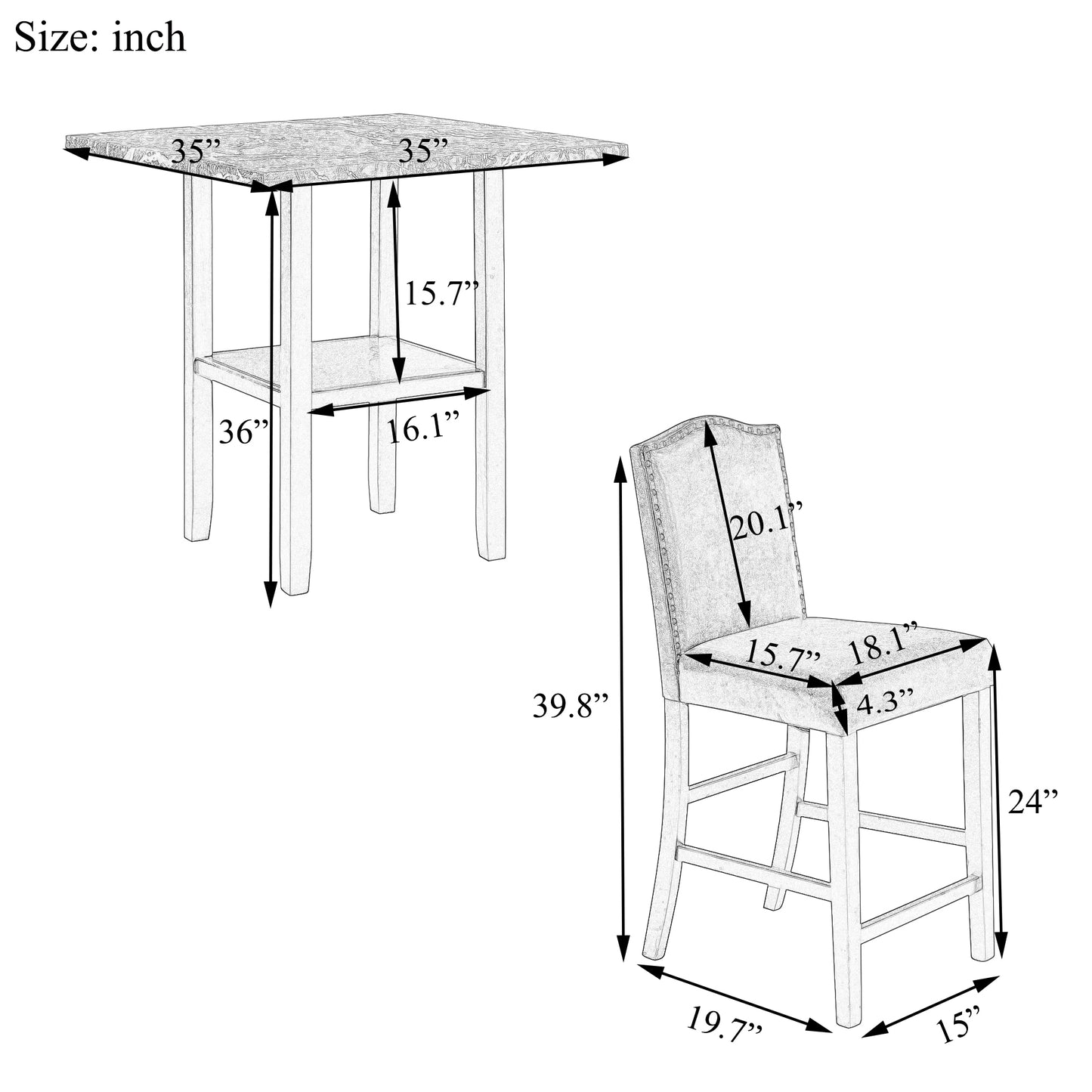 5 Piece Dining Set with Matching Chairs and Bottom Shelf for Dining Room, Black Chair+Gray Table