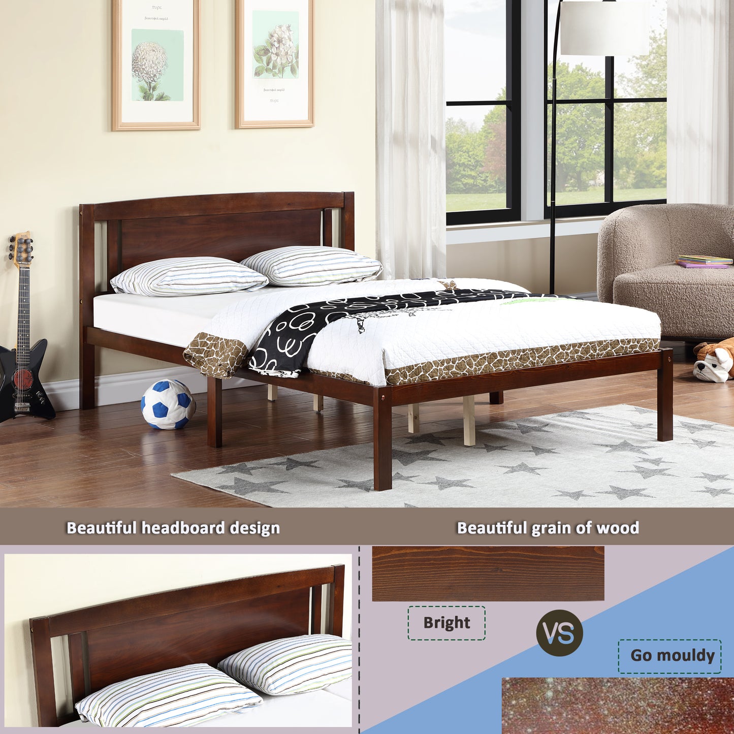 Full Size Bed, Wood Platform Bed Frame with Headboard For Kids, Slatted, Dark Walnut