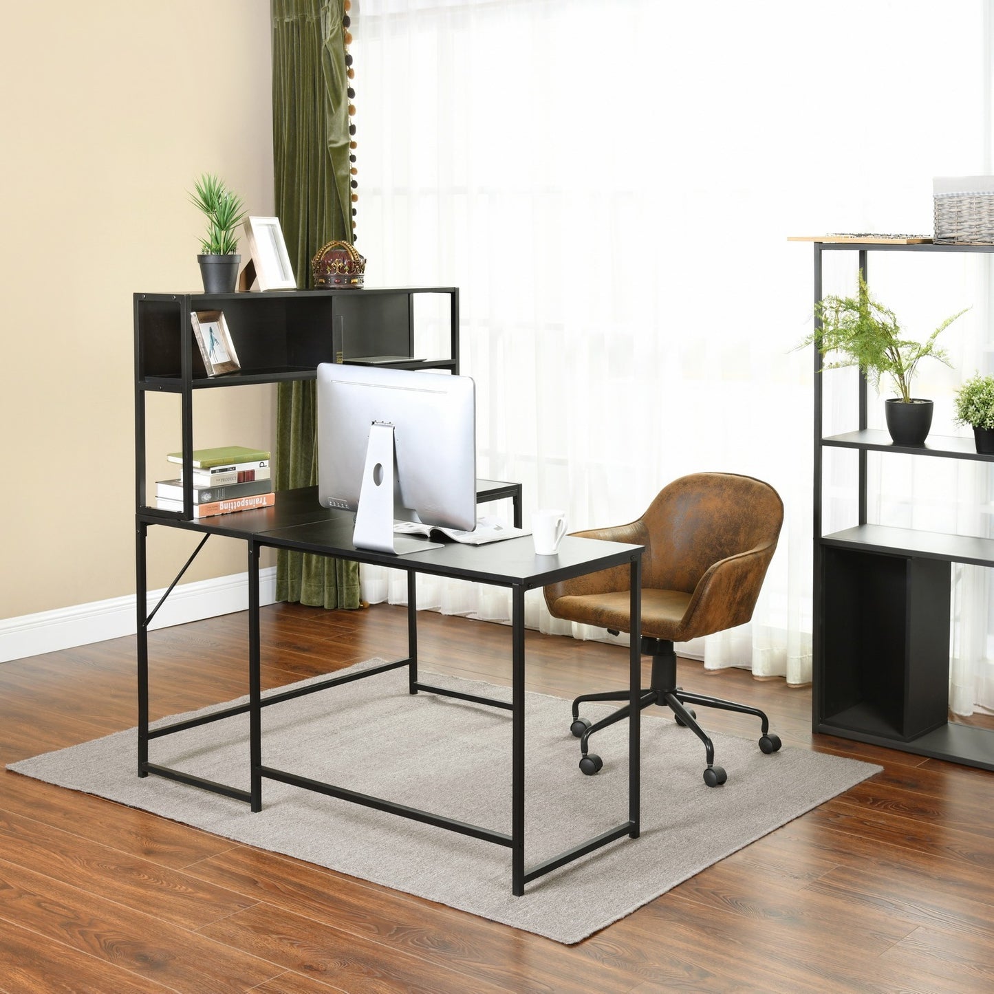 Spacious Industrial L-Shaped Desk with Hutch and Storage Shelves for Gaming