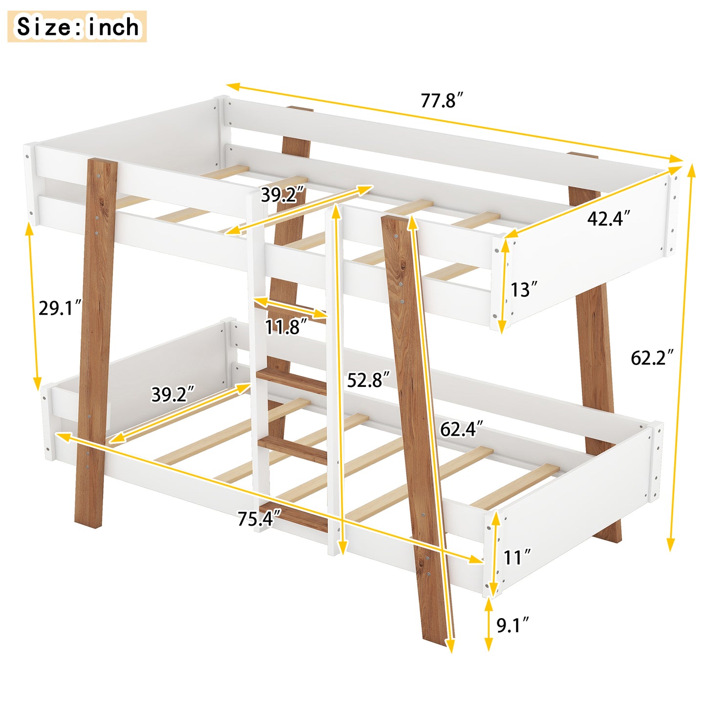 Rustic White Twin Size Bunk Bed with Wooden Columns and Attached Ladder