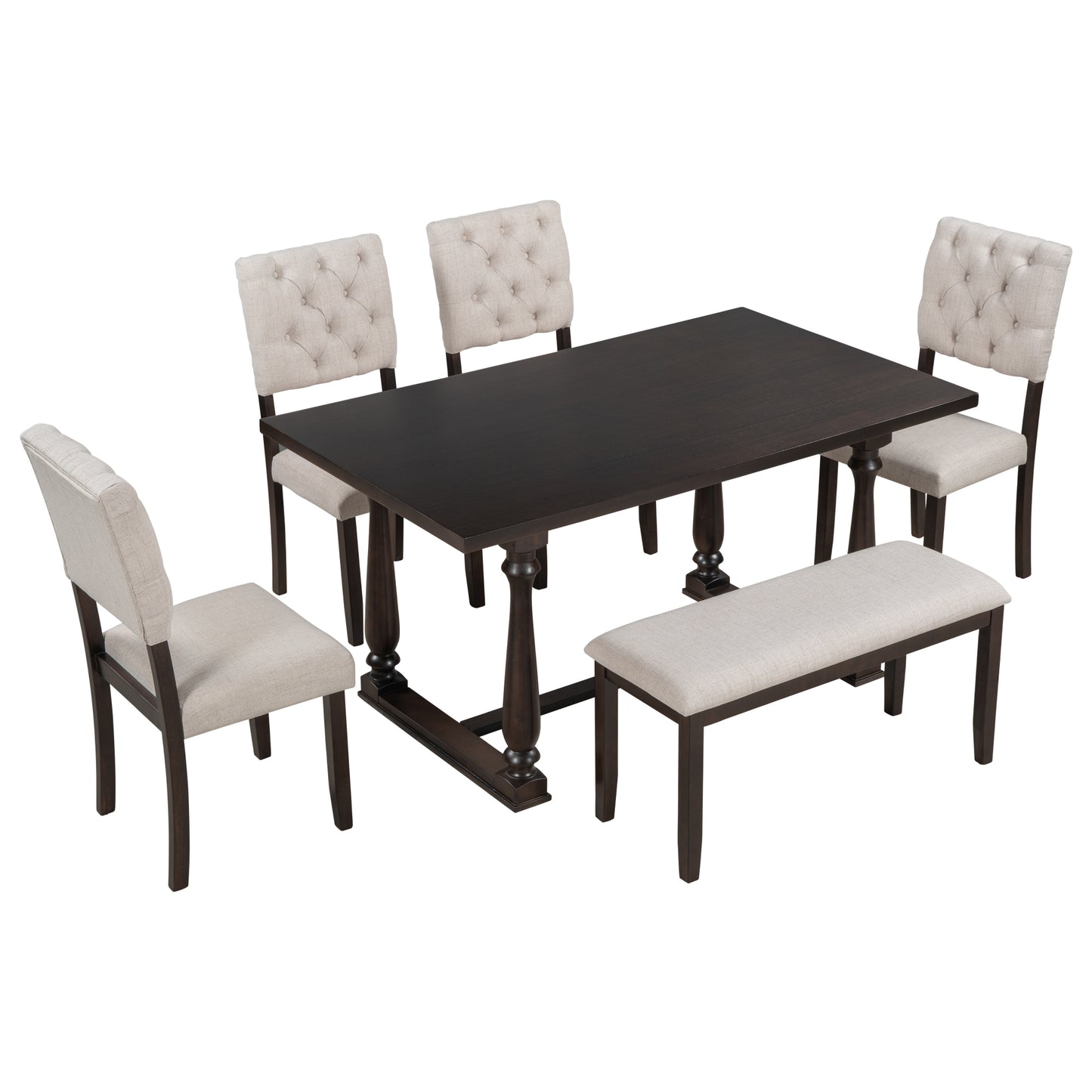 TREXM 6-Piece Dining Table and Chair Set with Special-shaped Legs and Foam-covered Seat Backs&Cushions for Dining Room (Espresso)