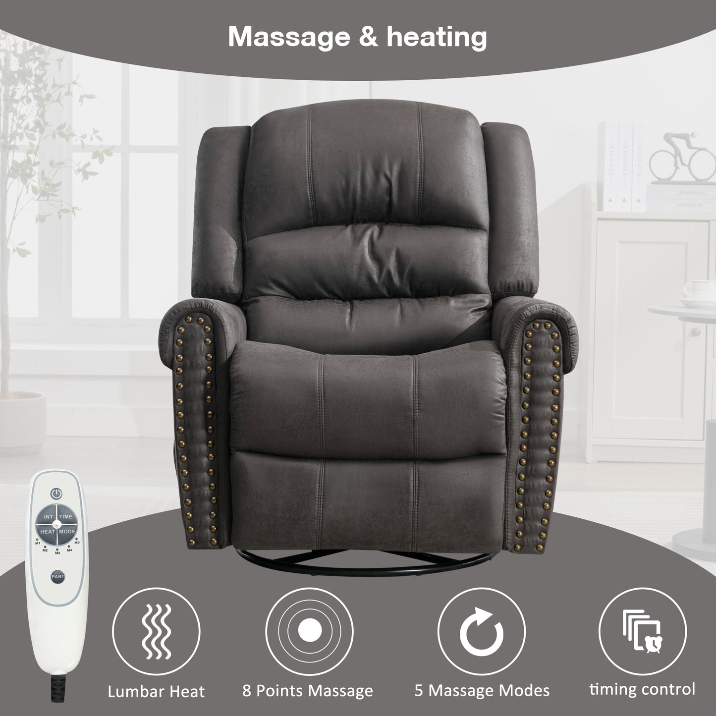 Grey Massage Rocker Recliner Chair with Heating, USB Charge Port, and Vibration Massage