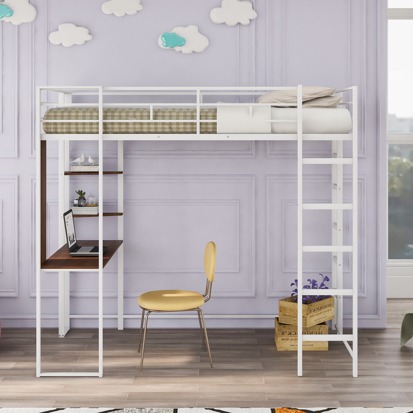 Twin Metal Loft Bed with 2 Shelves and one Desk ,WHITE(: MF281206AAK)