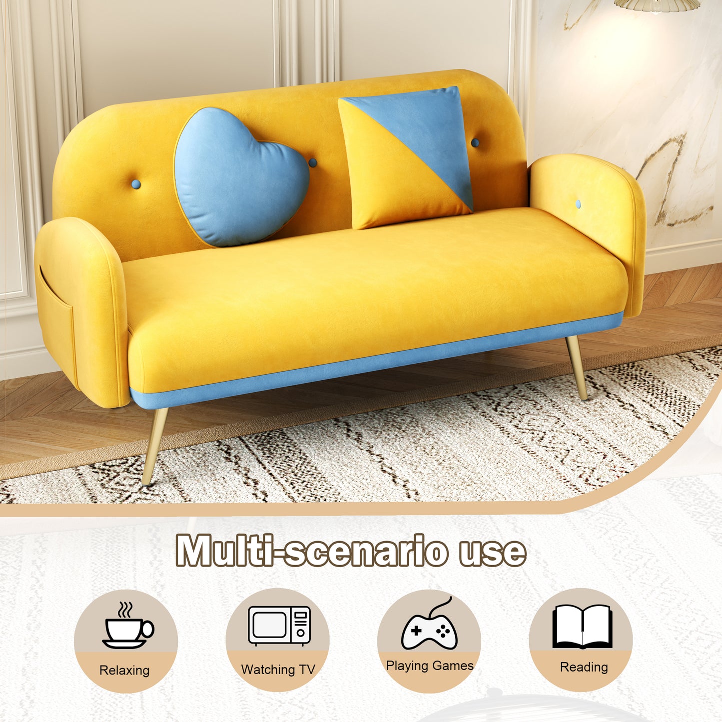 Yellow Velvet Sofa with Two Pillows for Small Spaces