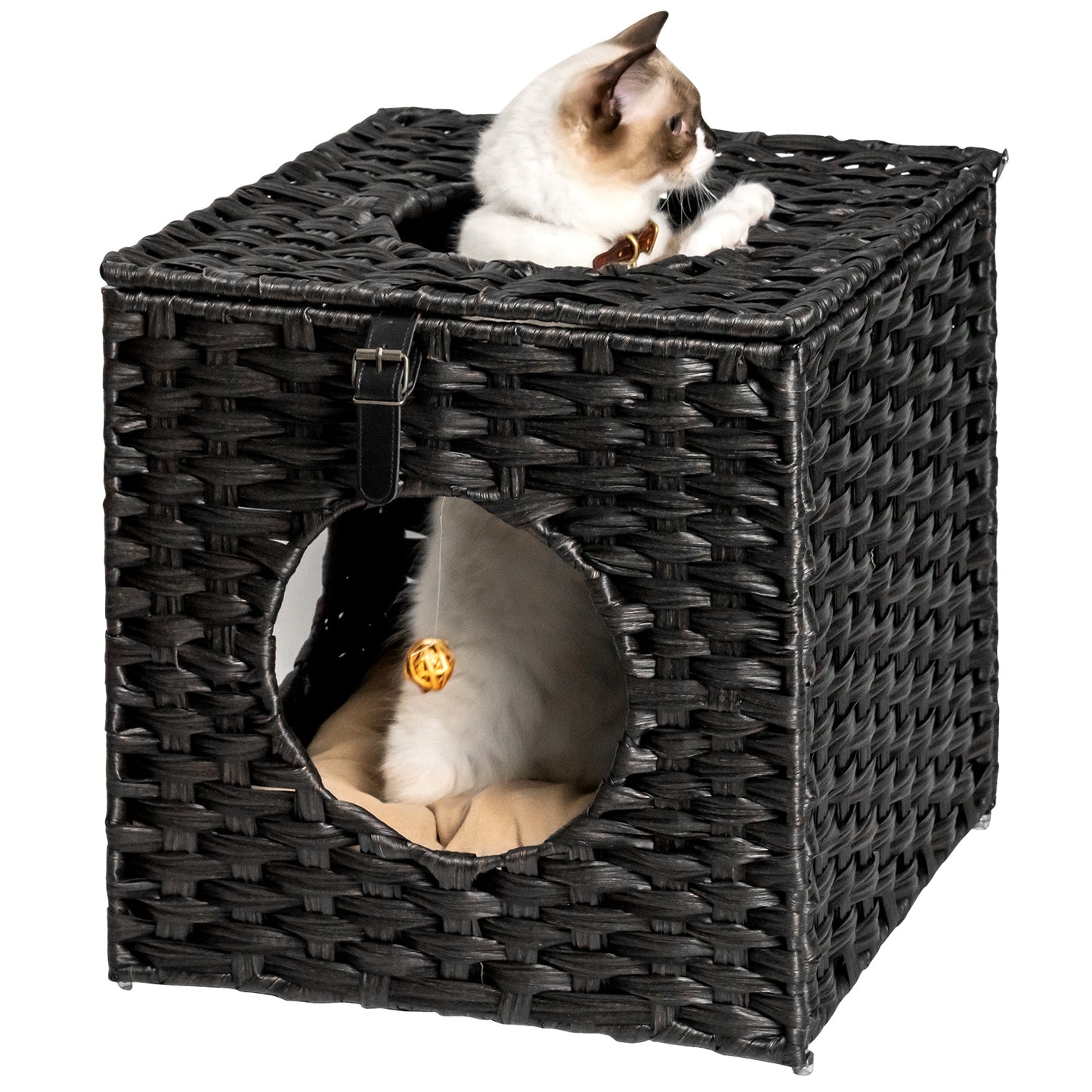 Rattan Cat Litter,Cat Bed with Rattan Ball and Cushion,Black