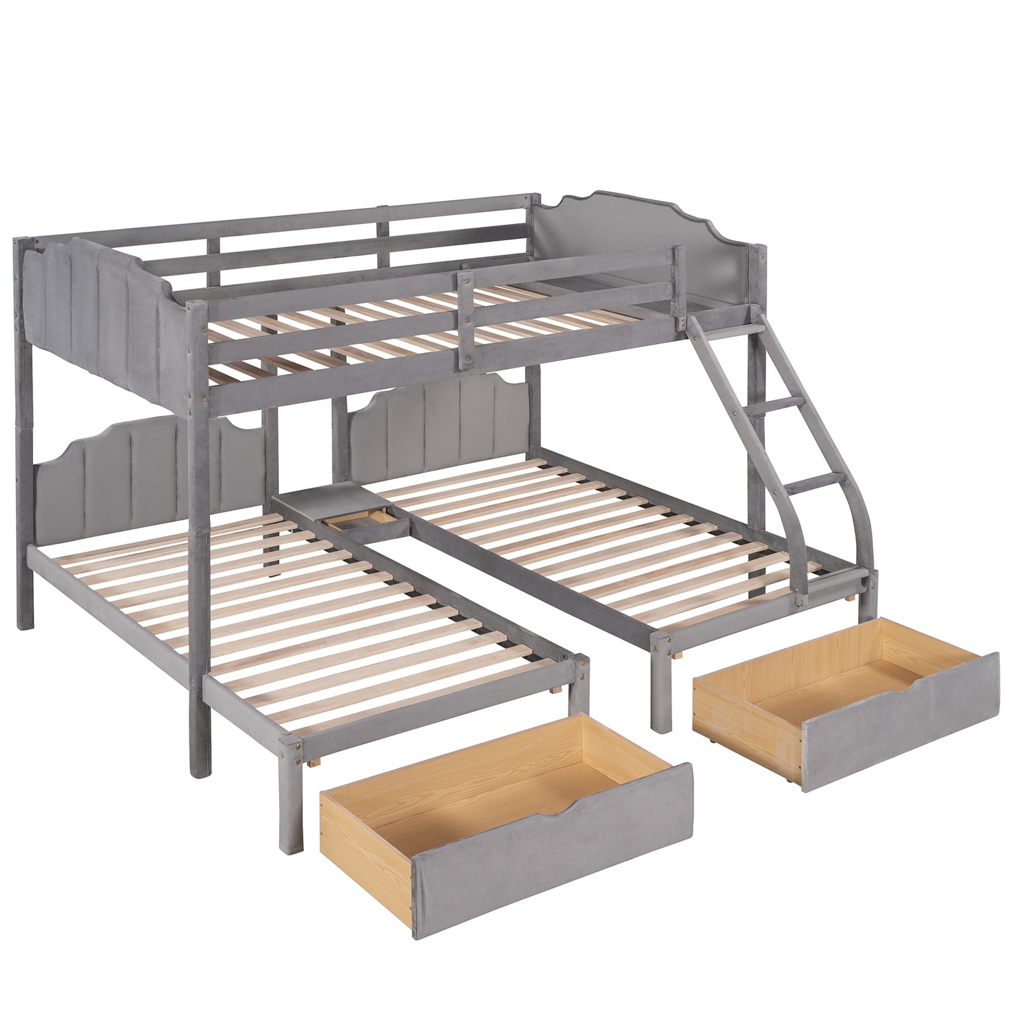 Gray Velvet Triple Bunk Bed with Full Over Twin & Twin, Drawers, Guardrails, and Space-Saving Design