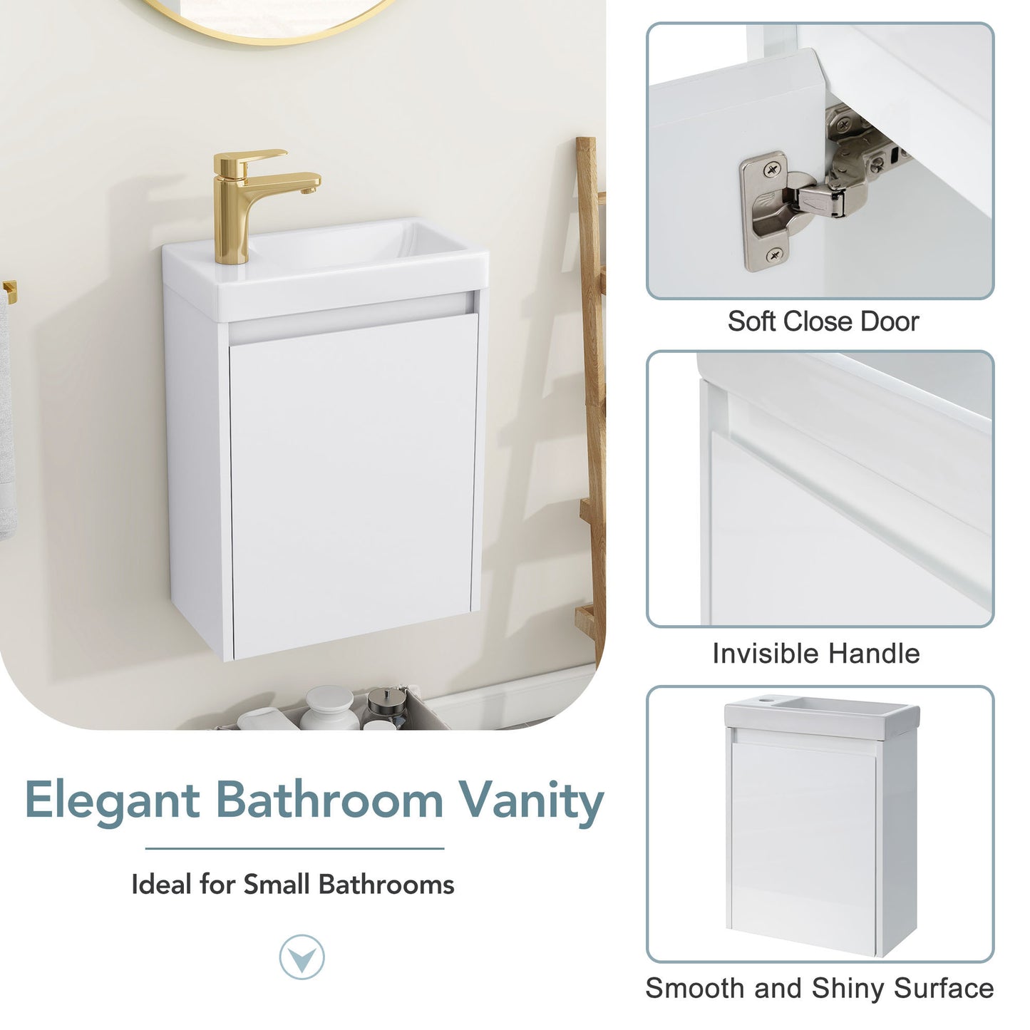 Modern 16-Inch White Bathroom Vanity Cabinet with Soft-Close Doors - Easy Assembly, Versatile Installation