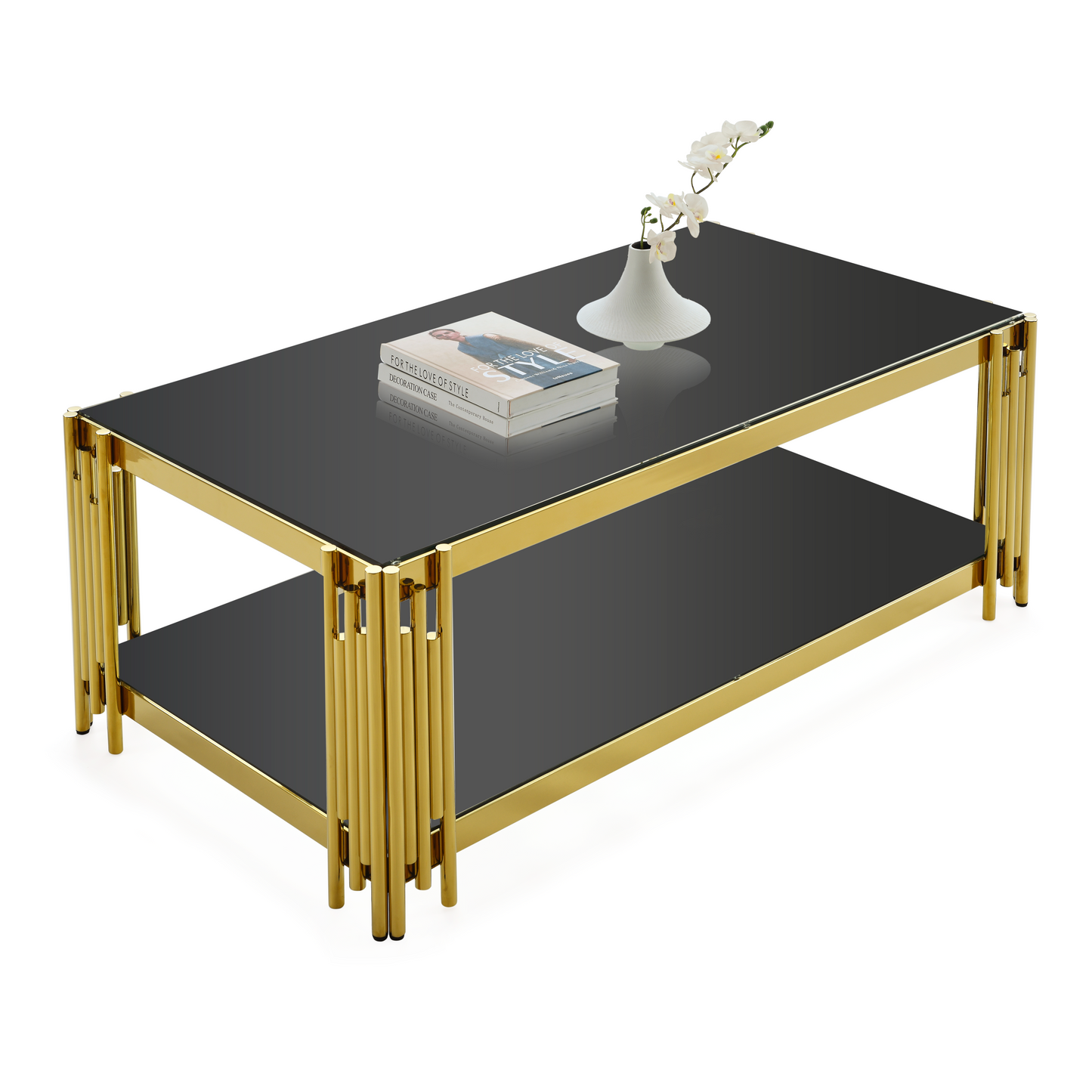 48-Inch Wide Golden Stainless Steel Coffee Table with Double-Layer Black Tempered Glass Top