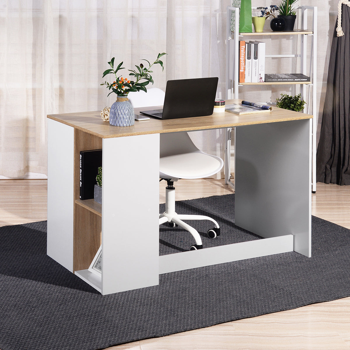 Modern Oak White Computer Desk with 5 Storage Shelves for Small Spaces