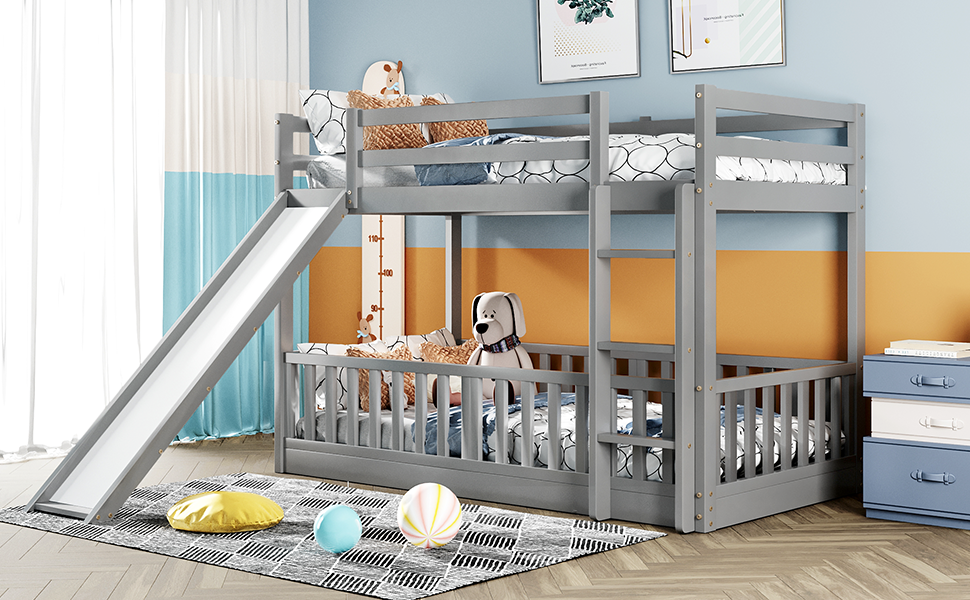 Gray Twin Bunk Bed with Slide, Ladder, and Space-Saving Design for Cozy Bedrooms