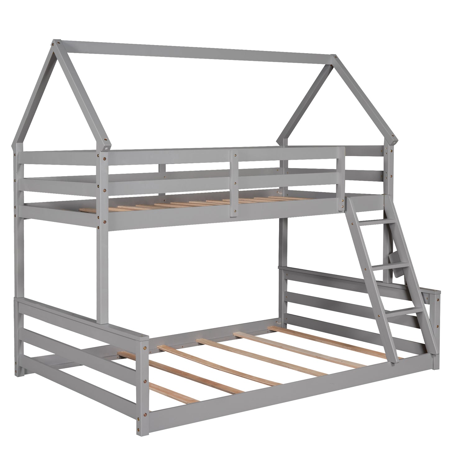 Gray Twin over Full House Bunk Bed with Loft Ladder