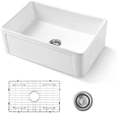 White Fireclay Farmhouse Kitchen Sink with Reversible Single Bowl