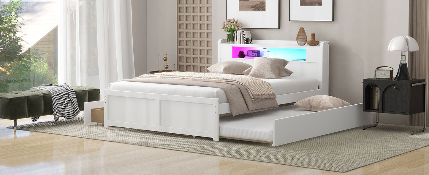 Queen Size Wood Storage Platform Bed with LED, 2 Drawers and 1 Twin Size Trundle, White