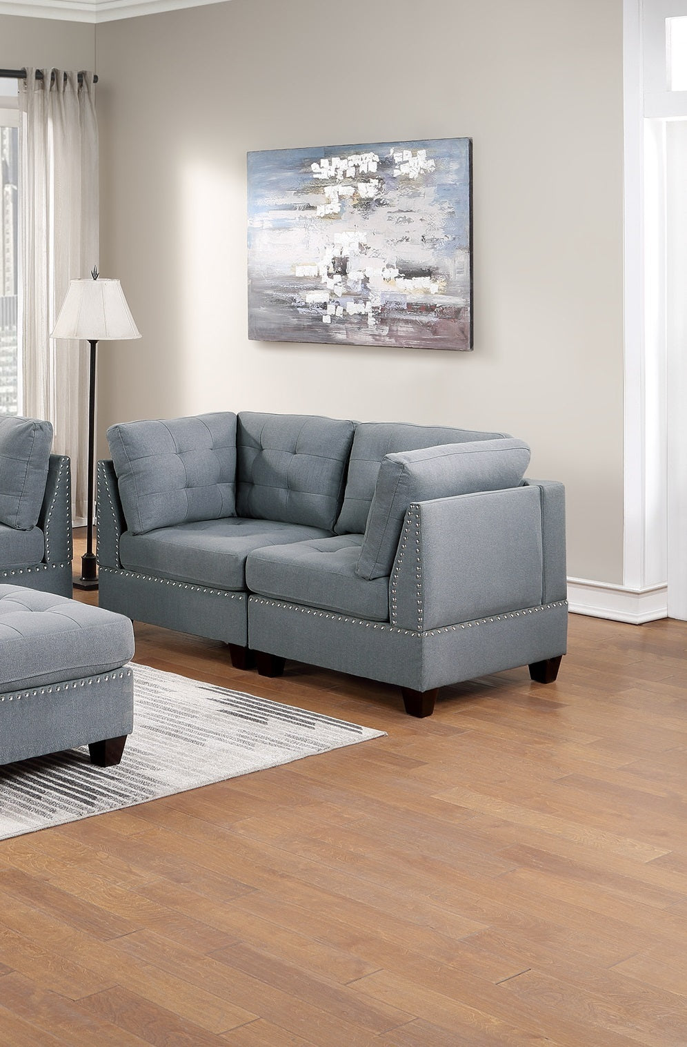 Gray Linen Modular Sofa Set with Tufted Couch and Nailhead Accents