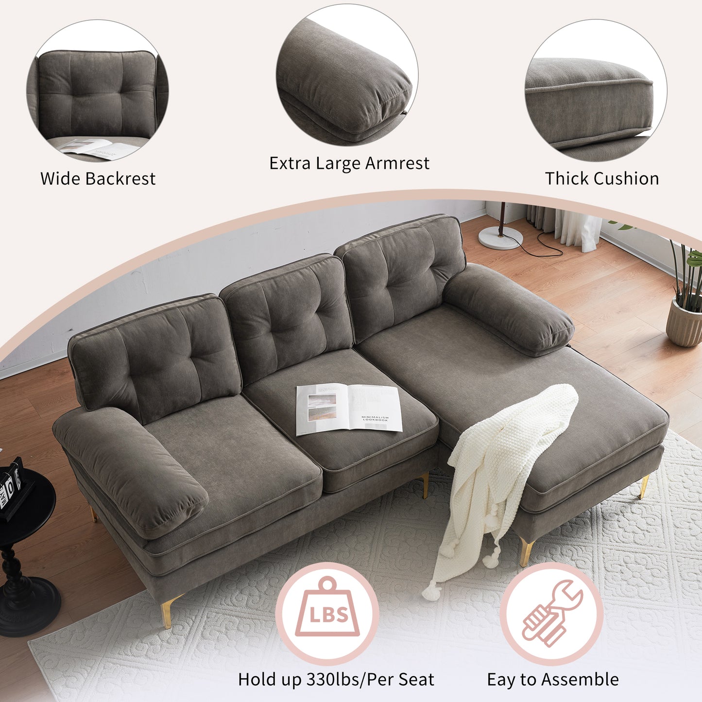 Luxurious Brown Velvet L-Shaped Modern Sectional Sofa for Living Room or Bedroom