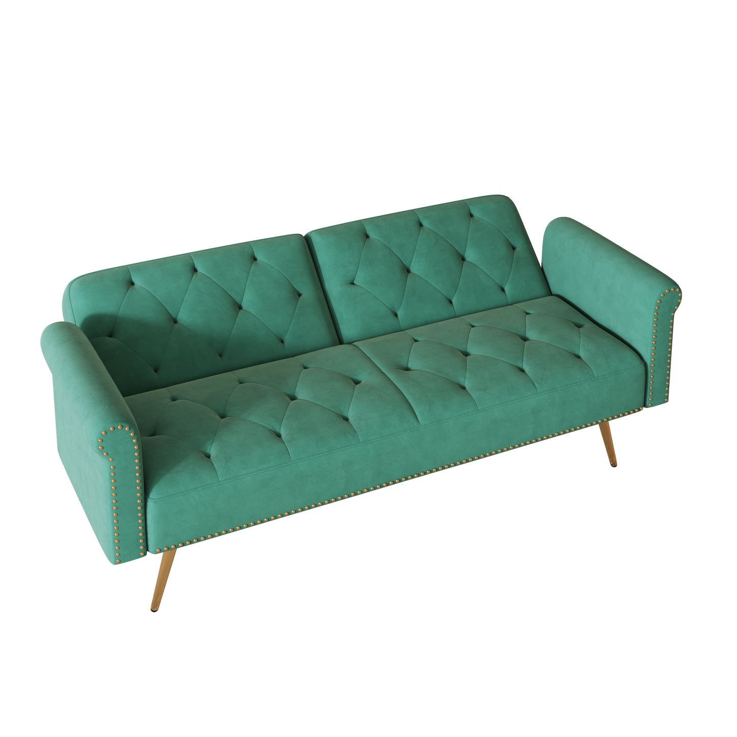 69.7 Green Velvet Sofa Bed with Nail Head Trim and Throw Pillow