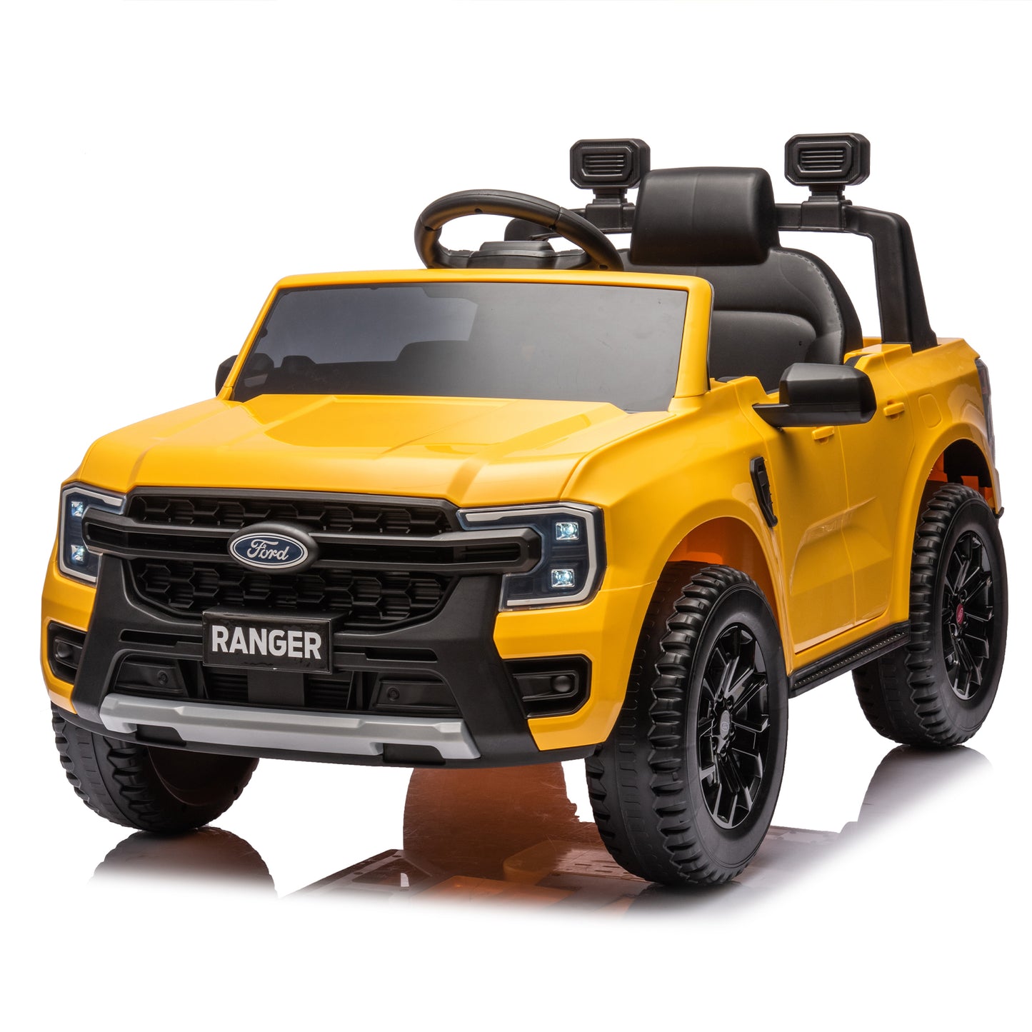 12V Kids Ride On Car W/Parents Remote Control,Licensed Ford Ranger,2WD,Rear wheel suspension,Low Start,Headlight,Horn,MP3,Bluetooth,Adjustable speed,Speed 1.86-4.97 mph for kids aged 3-6.