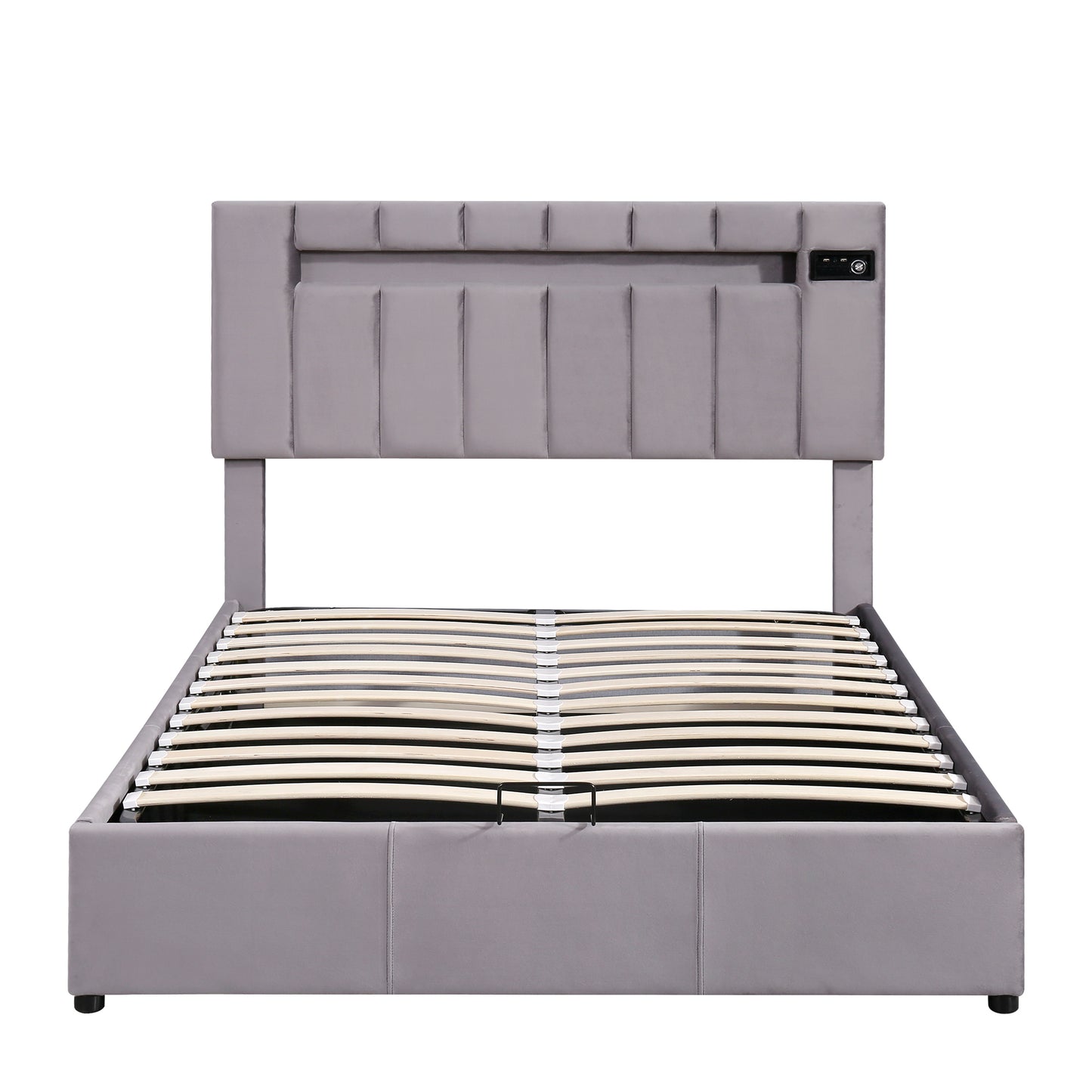 Upholstered Bed Full Size with LED light, Bluetooth Player and USB Charging, Hydraulic Storage Bed in Gray Velvet Fabric