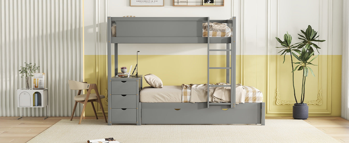 Gray Twin Bunk Bed Set with Trundle, Storage, Desk and USB Ports