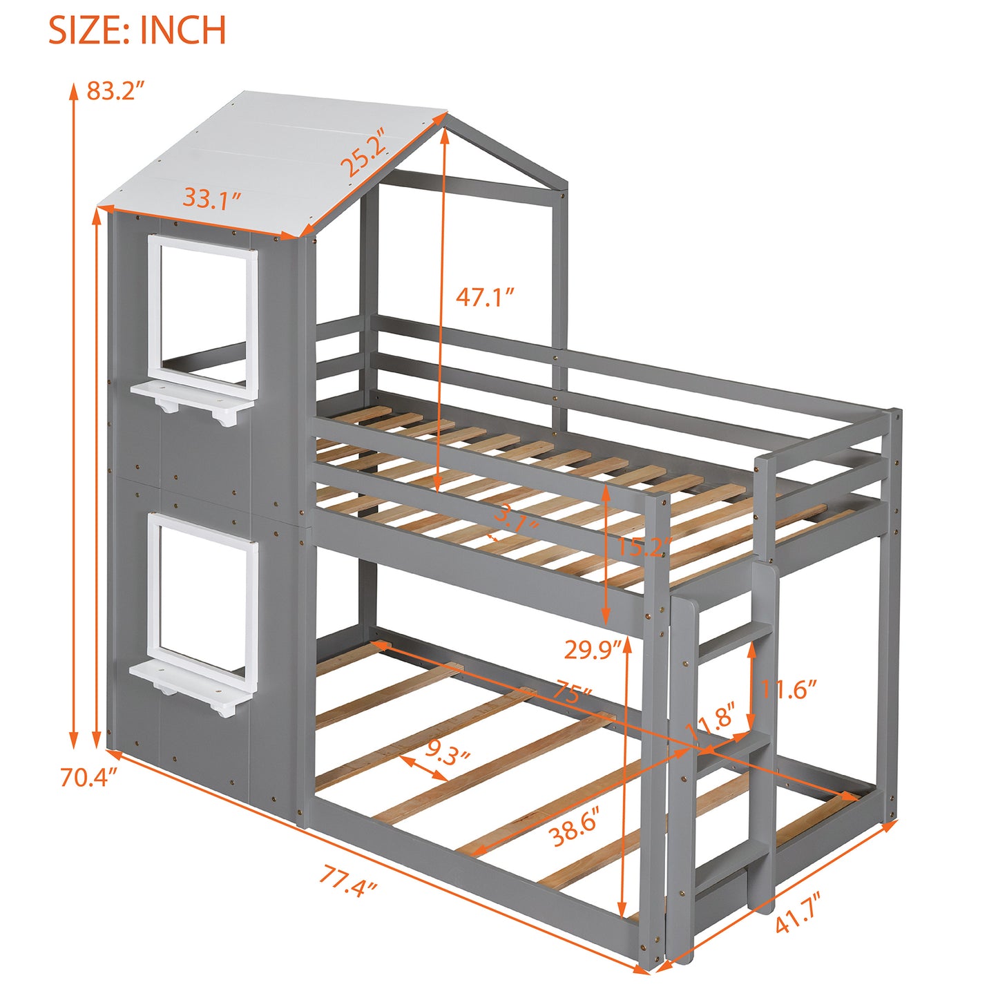 Twin Over Twin Playhouse Bunk Bed with Pitched Roof and Window (White)