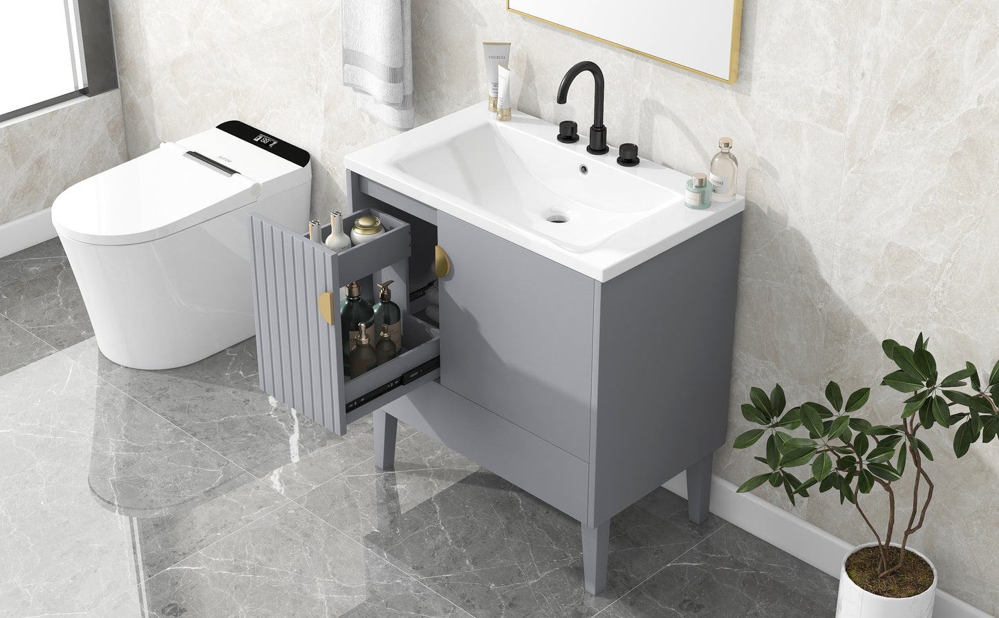 30" Bathroom Vanity with Sink Combo, Bathroom Cabinet with Door and Drawers, Solid Frame and MDF Board, Grey