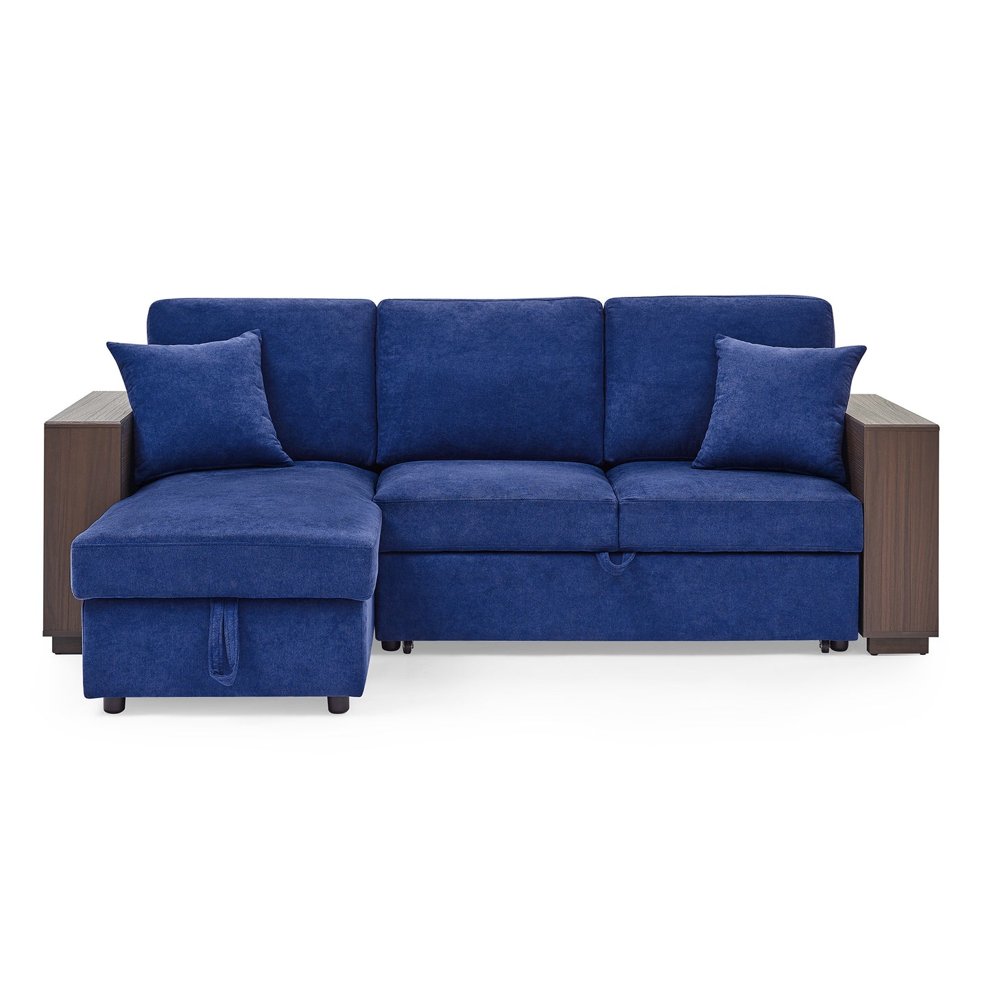 Sectional Sofa with Pulled Out Bed, 2 Seats Sofa and Reversible Chaise with Storage, MDF Shelf Armrest, Two Pillows, Navy Blue, (88" x52" x 34")