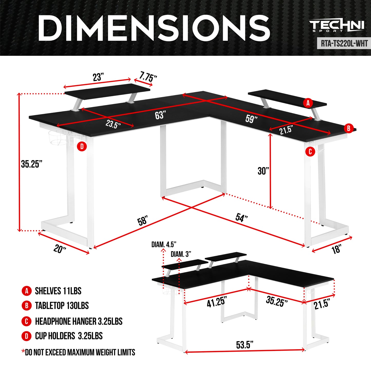 Techni Sport Warrior White L-Shaped Gaming Desk with Storage