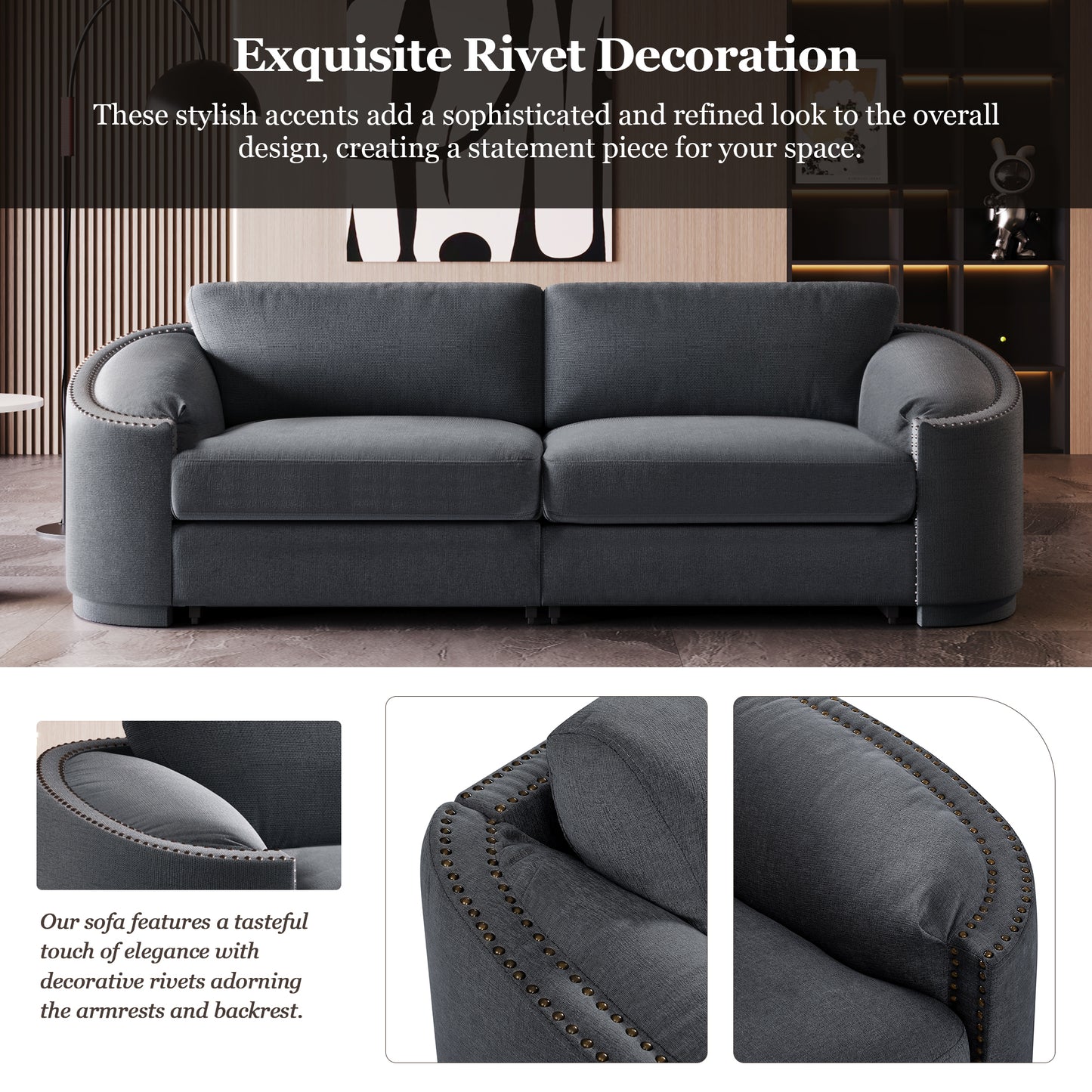 U_Style Stylish Sofa with Semilunar Arm, Rivet Detailing, and Solid Frame for Living Room