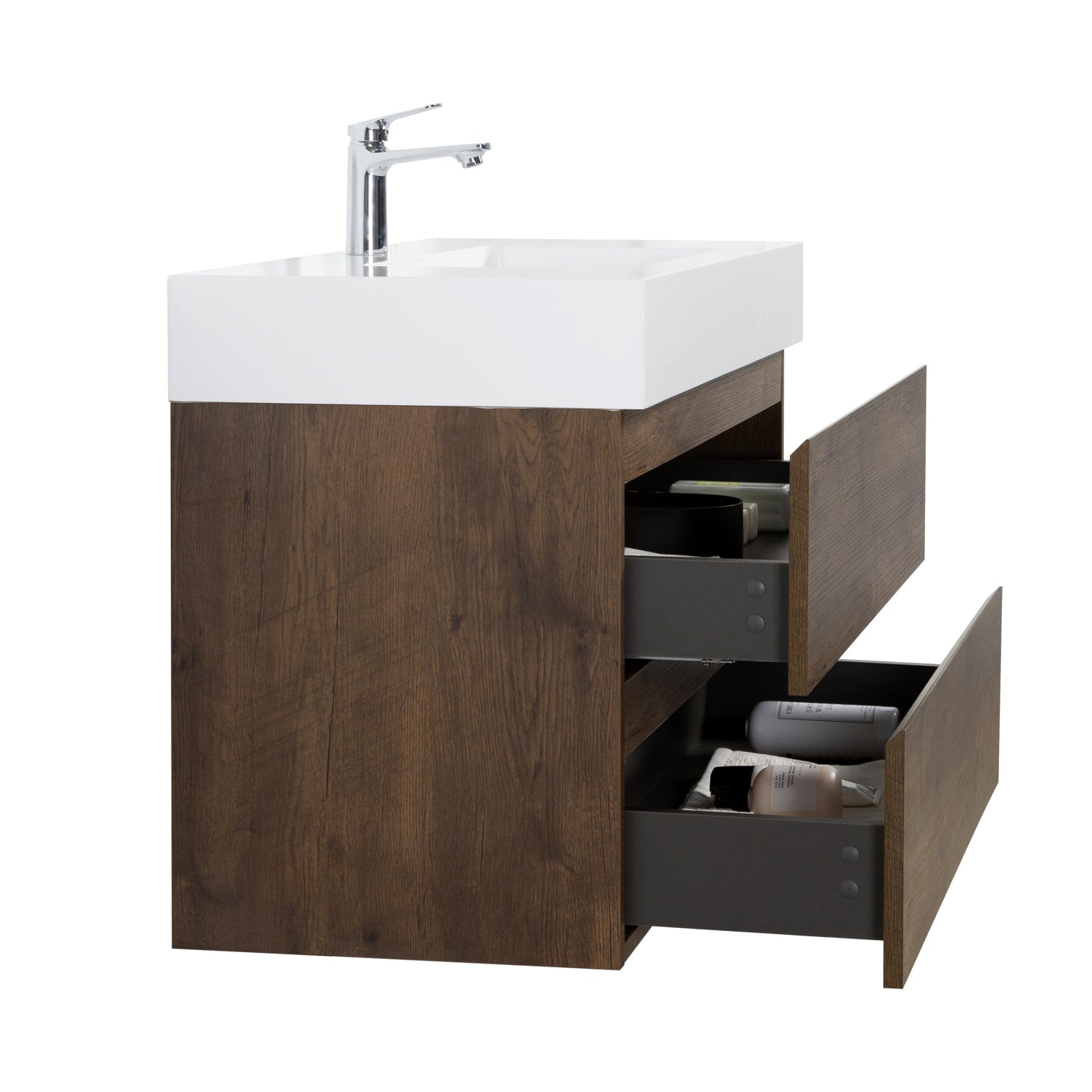 Alice 36" Walnut Bathroom Vanity with Sink, Large Storage Wall Mounted Floating Bathroom Vanity for Modern Bathroom, One-Piece White Sink Basin without Drain and Faucet