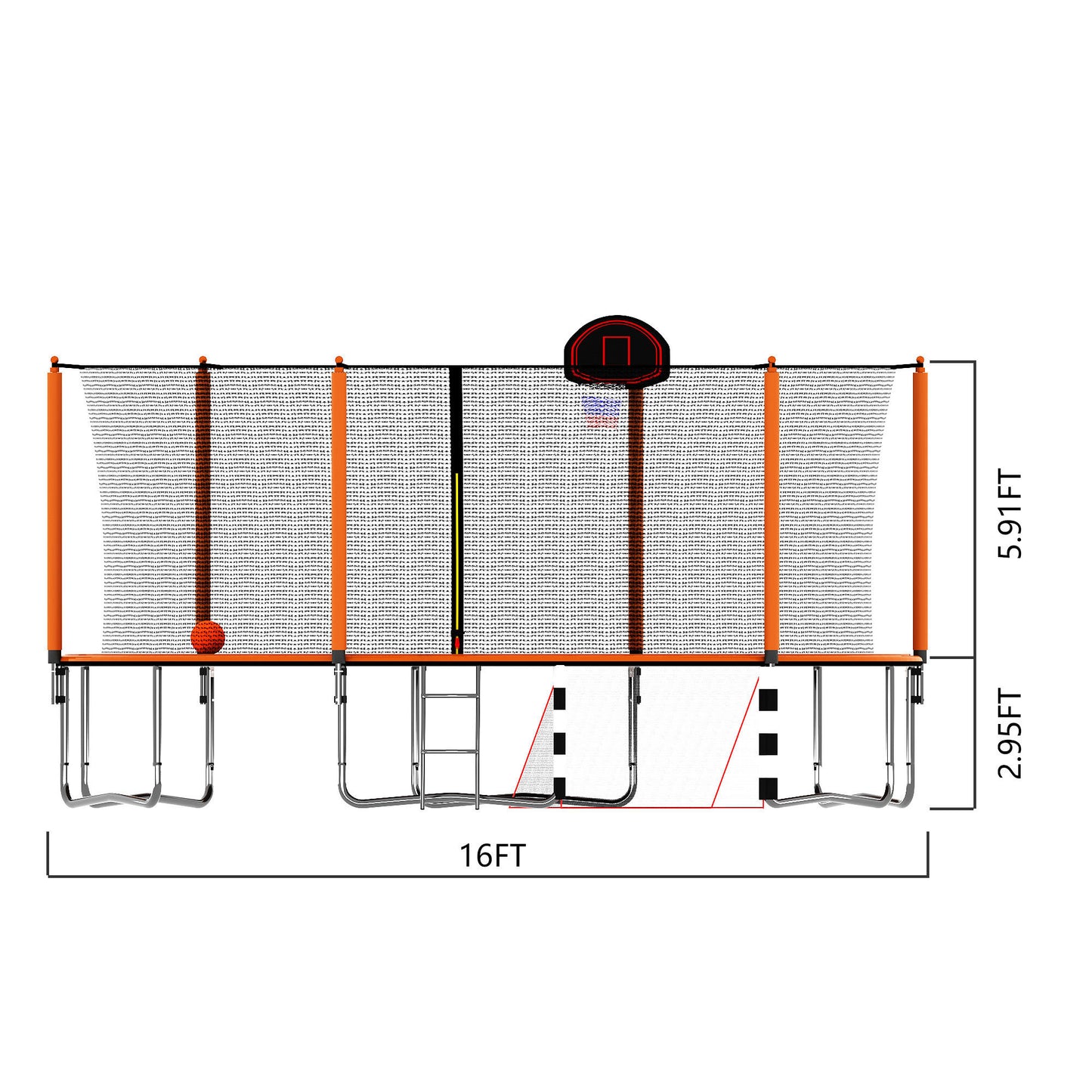 16FT Trampoline with Basketball Hoop pump and Ladder(Inner Safety Enclosure) with soccer goal orange