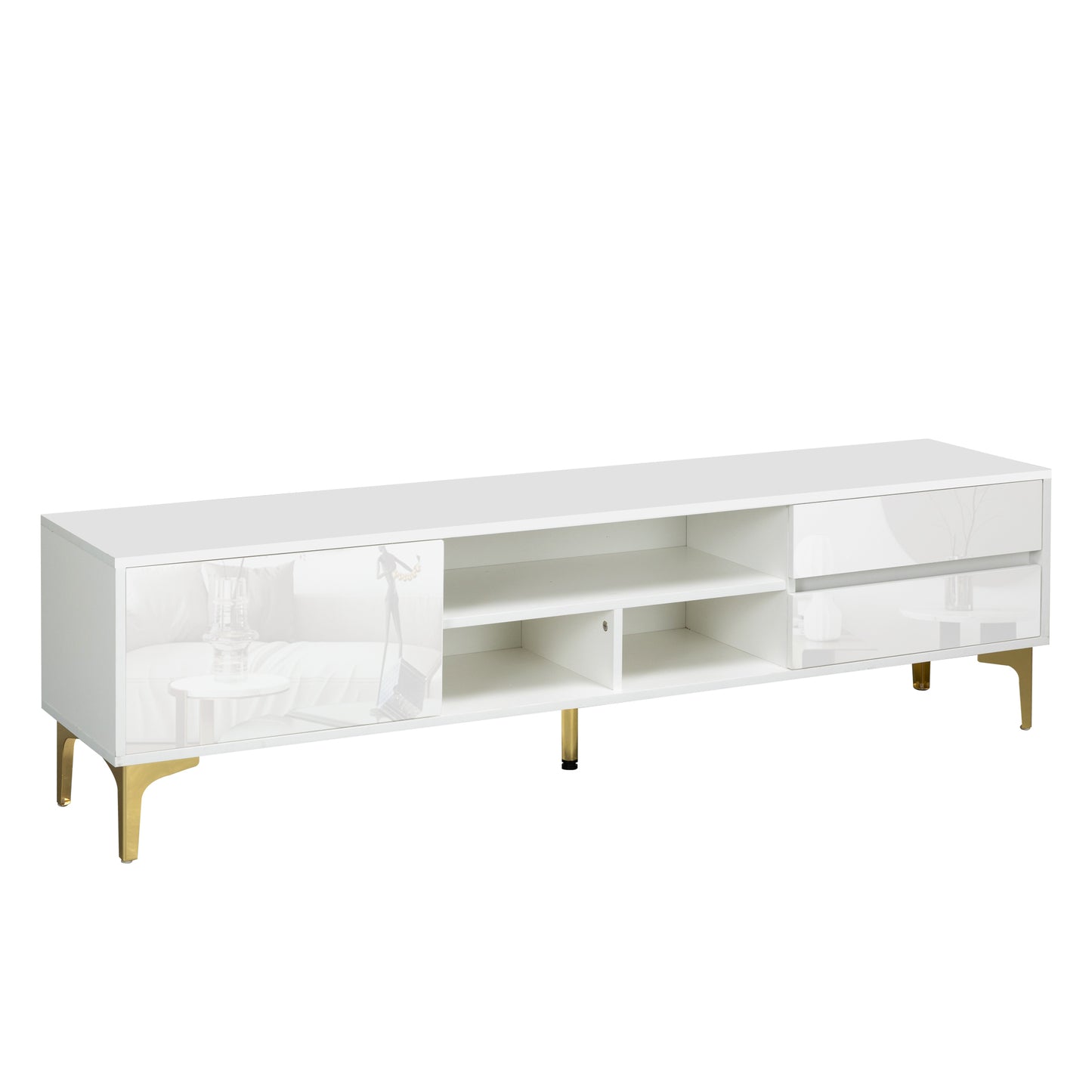 Modern White TV Console with LED Lights and Gold Metal Legs