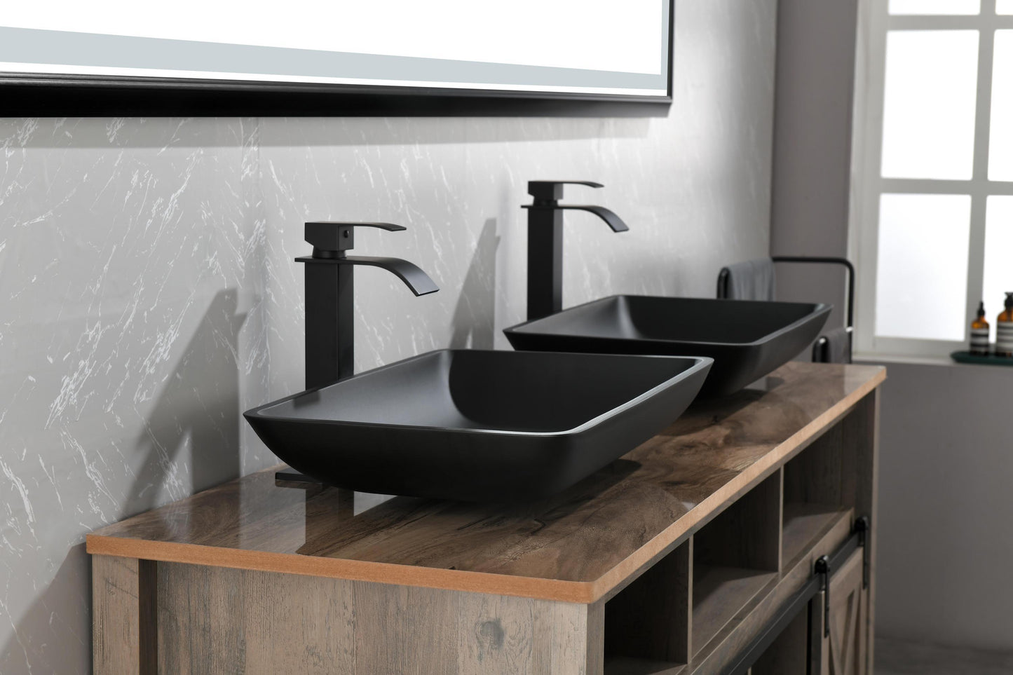 Black Matte Glass Rectangular Vessel Bathroom Sink Set with Faucet and Pop-Up Drain