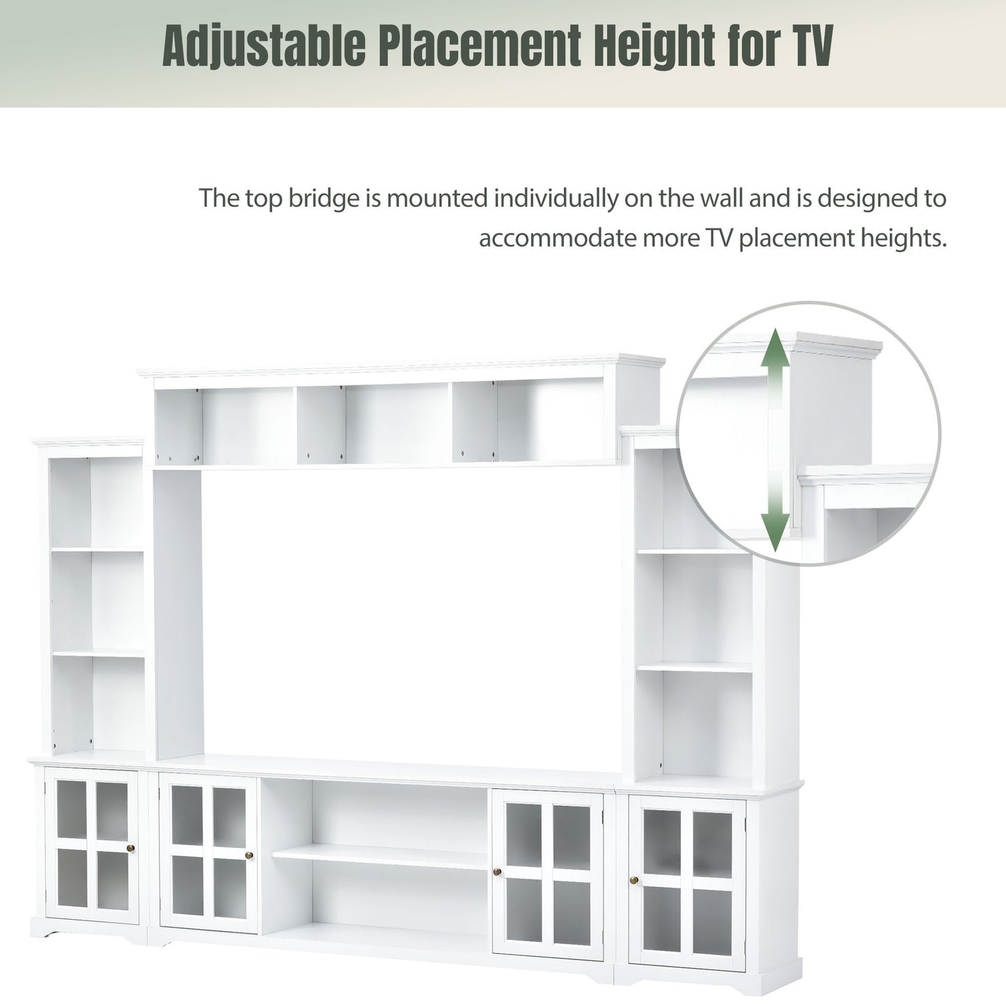 Modern White Entertainment Wall Unit with Bridge and Tempered Glass Door for TVs Up to 70