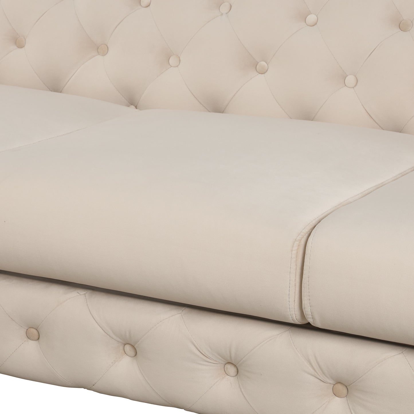 85.5 Beige Velvet Upholstered 3-Seater Sofa with Button Tufted Back