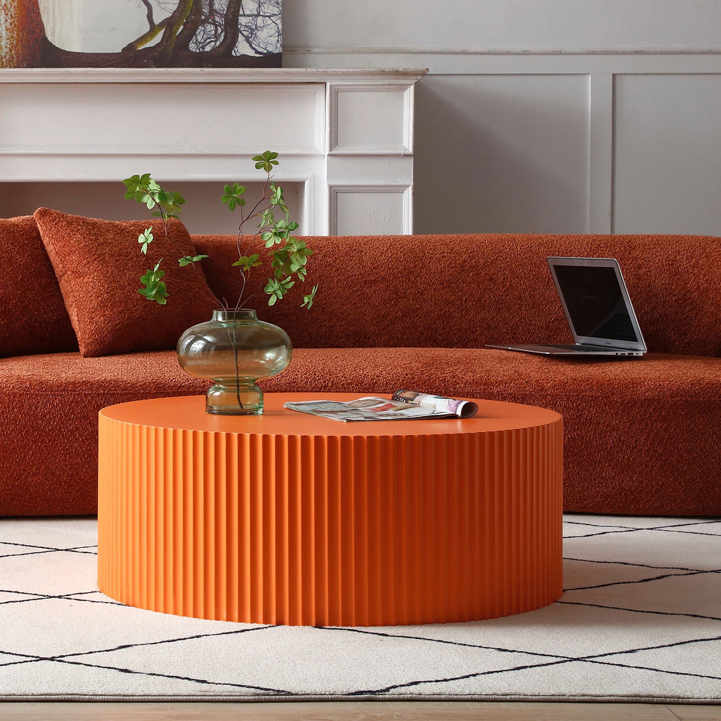 Handcrafted Round MDF Coffee Table with Intricate Relief Design φ35.43inch, Vibrant Orange Color