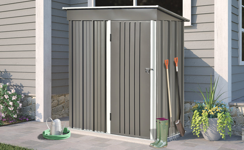 Patio 5ft Wx3ft. L Garden Shed, Metal Lean-to Storage Shed with Lockable Door, Tool Cabinet for Backyard, Lawn, Garden, Gray