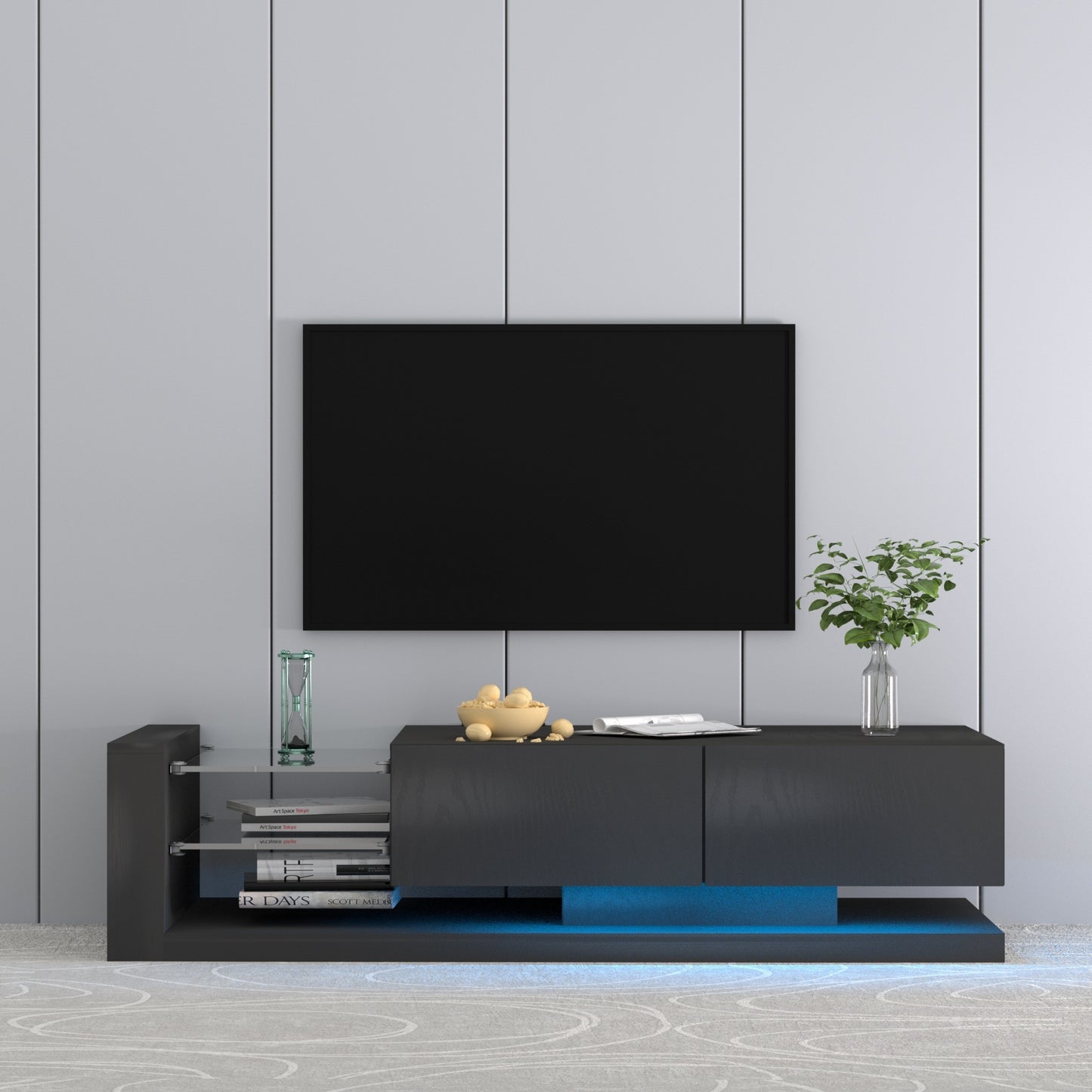 Modern Black TV Console with Remote and App Controlled RGB LED Lights and Storage Cabinets for 75 inches TV