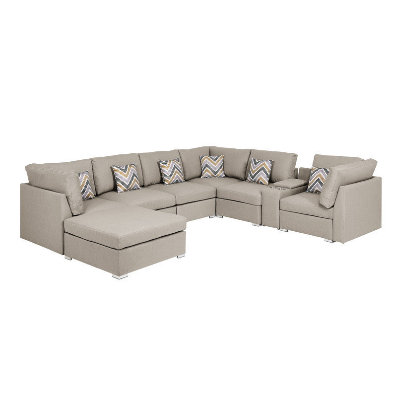 Luxurious Beige Fabric Modular Sectional Sofa with USB Console and Ottoman