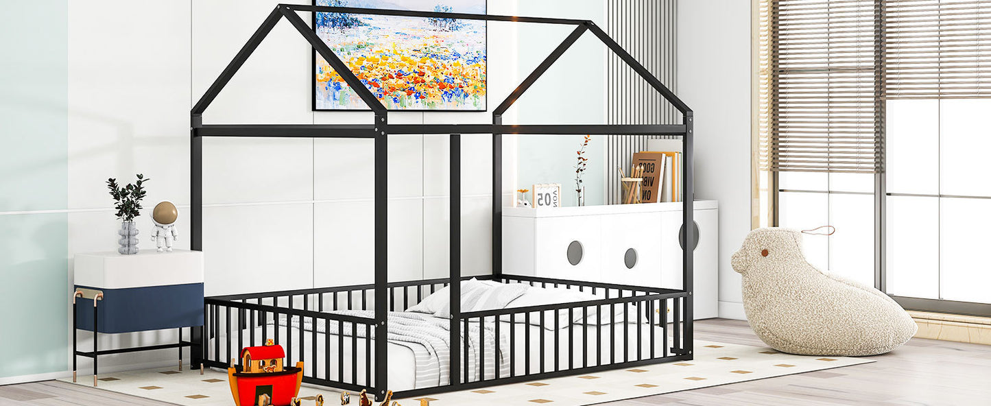 Full Size Metal Bed House Bed Frame with Fence, for Kids, Teens, Girls, Boys,Black