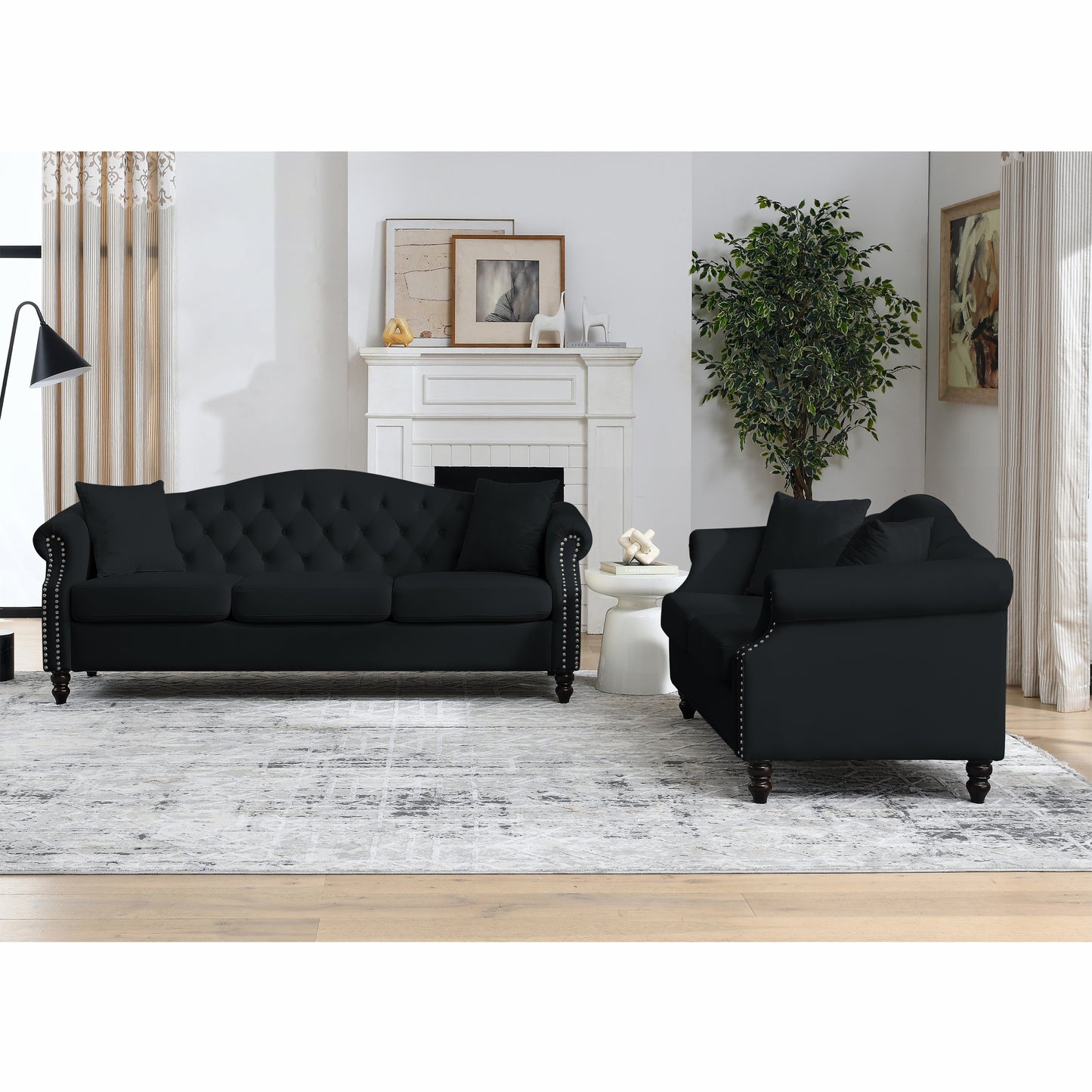 [Video] 79" Chesterfield Sofa Black Velvet for Living Room, 3 Seater Sofa Tufted Couch with Rolled Arms and Nailhead for Living Room, Bedroom, Office, Apartment, 3S+2S