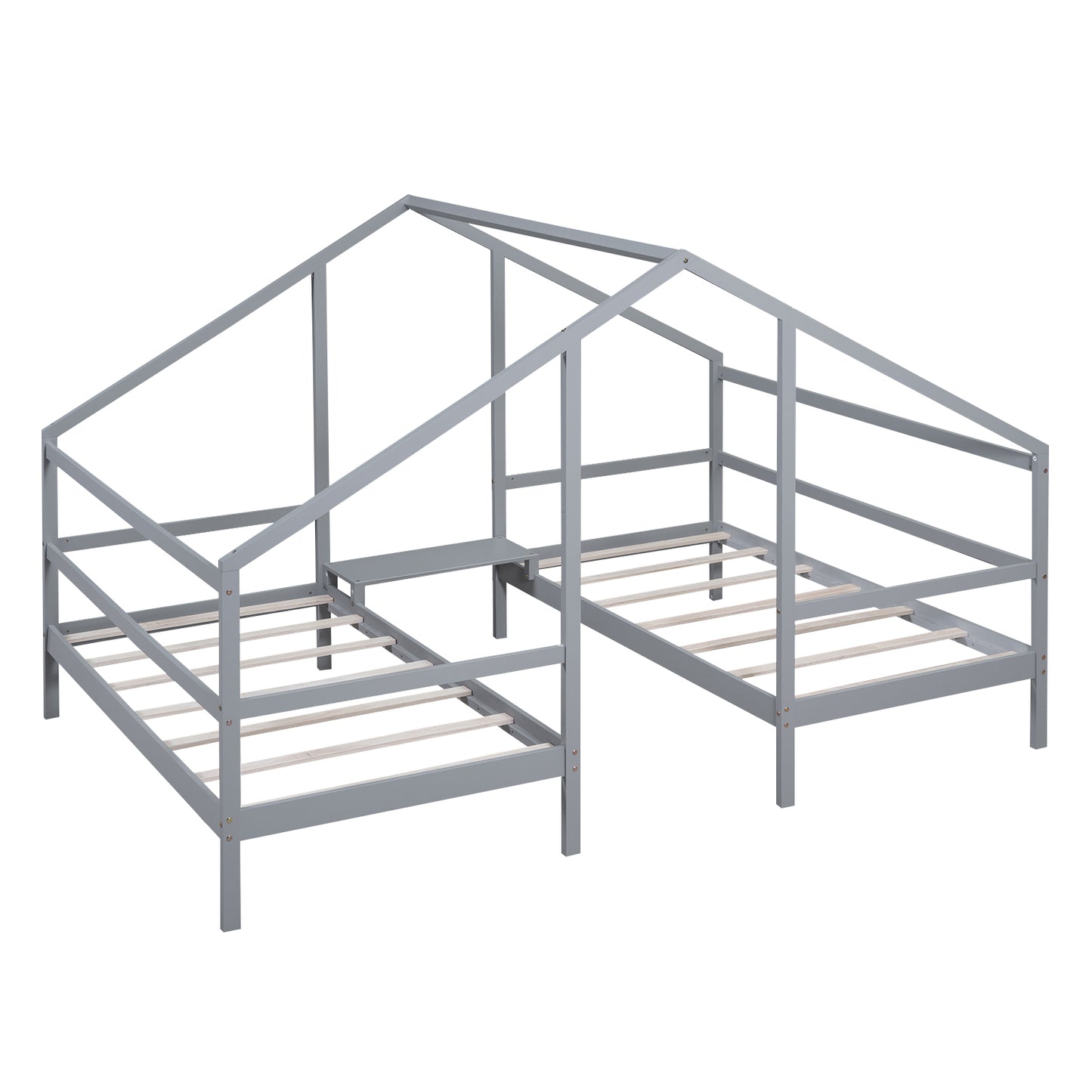 Double Twin Size Triangular House Beds with Built-in Table,Gray(: WF286895AAE)